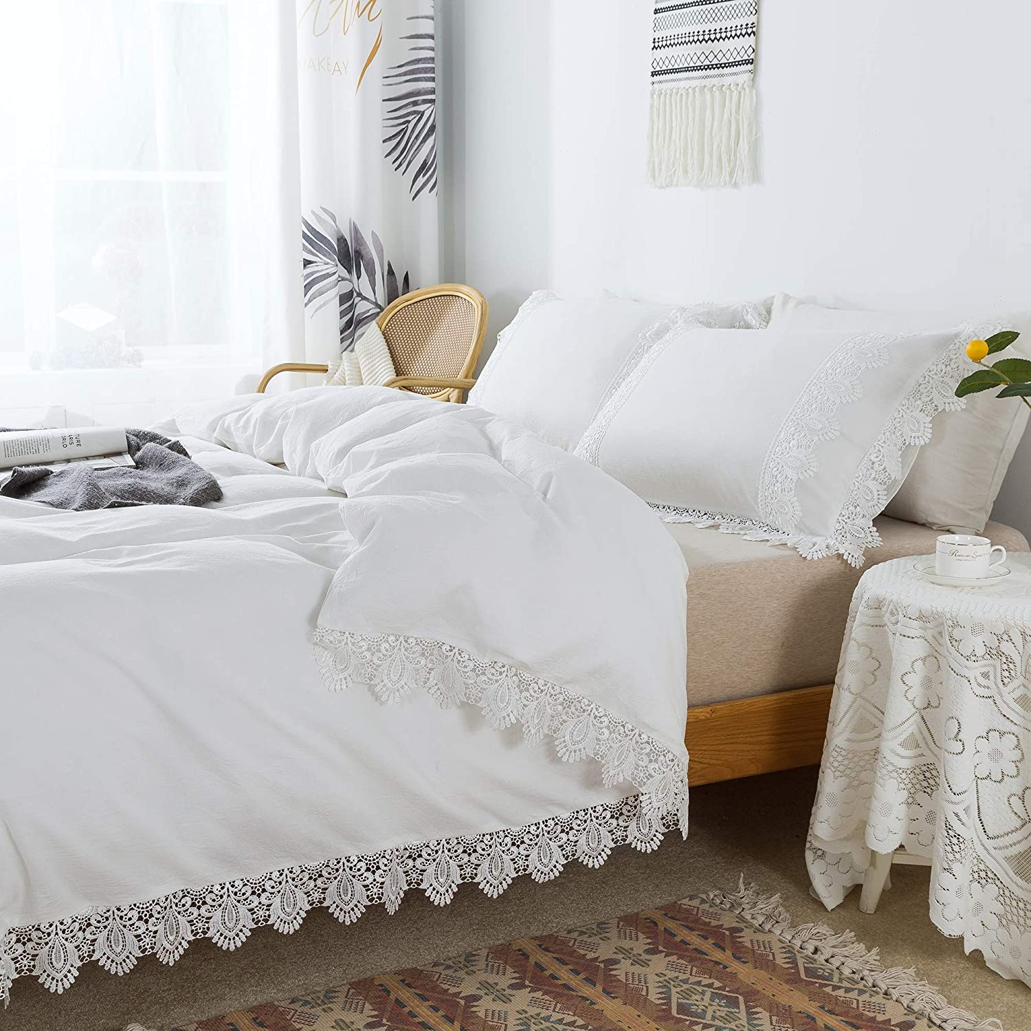 Price:$93.00 King White Lace Bedding Ruffled Vintage 3pc Duvet Cover Set 100% Cotton Wahed Cotton Princess Grils Bedding Sets （1 Zipper Closure Duvet Cover + 2 Pillowcase : Home & Kitchen