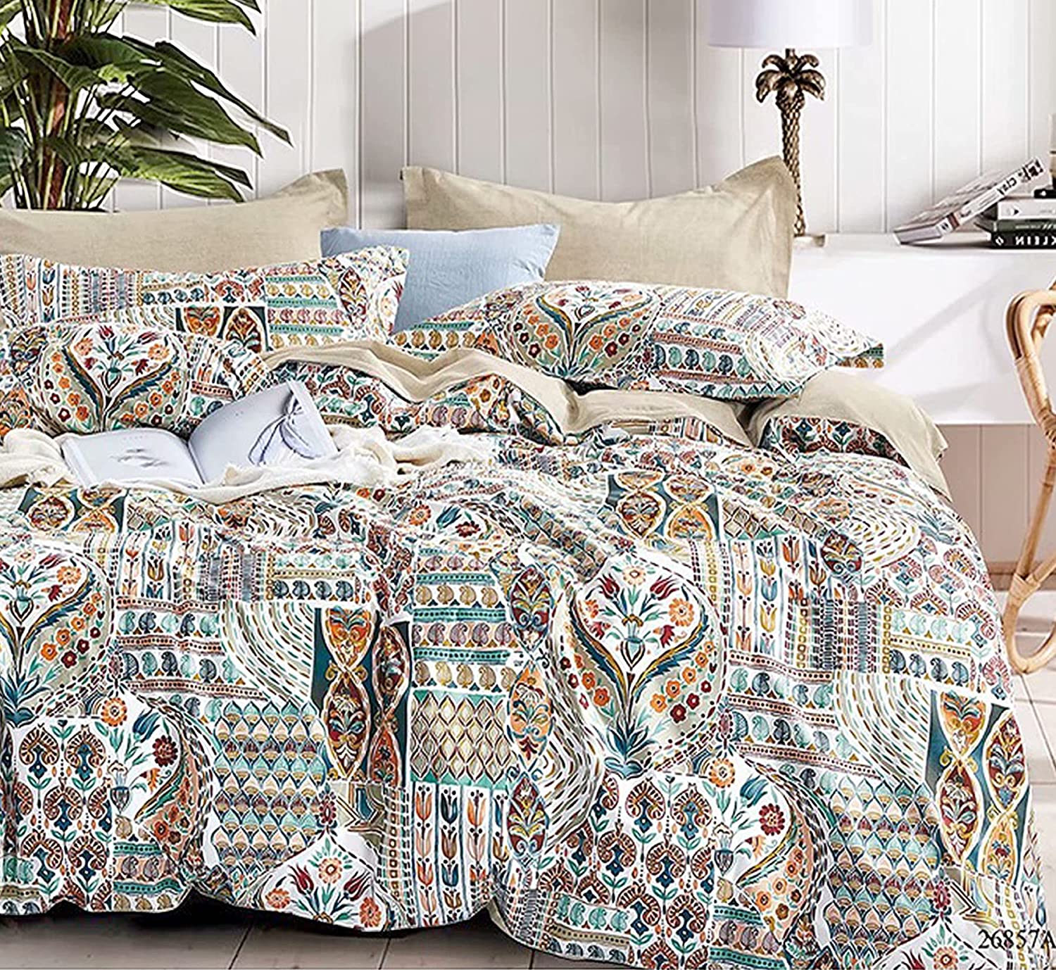 Price:$41.99 Luxury European Damask Duvet Cover Set 3 Pieces 100% Cotton Reversible Print Baroque Soft Breathable Bedding Sets with Zipper (Queen, Colorful Gruner) : Home & Kitchen