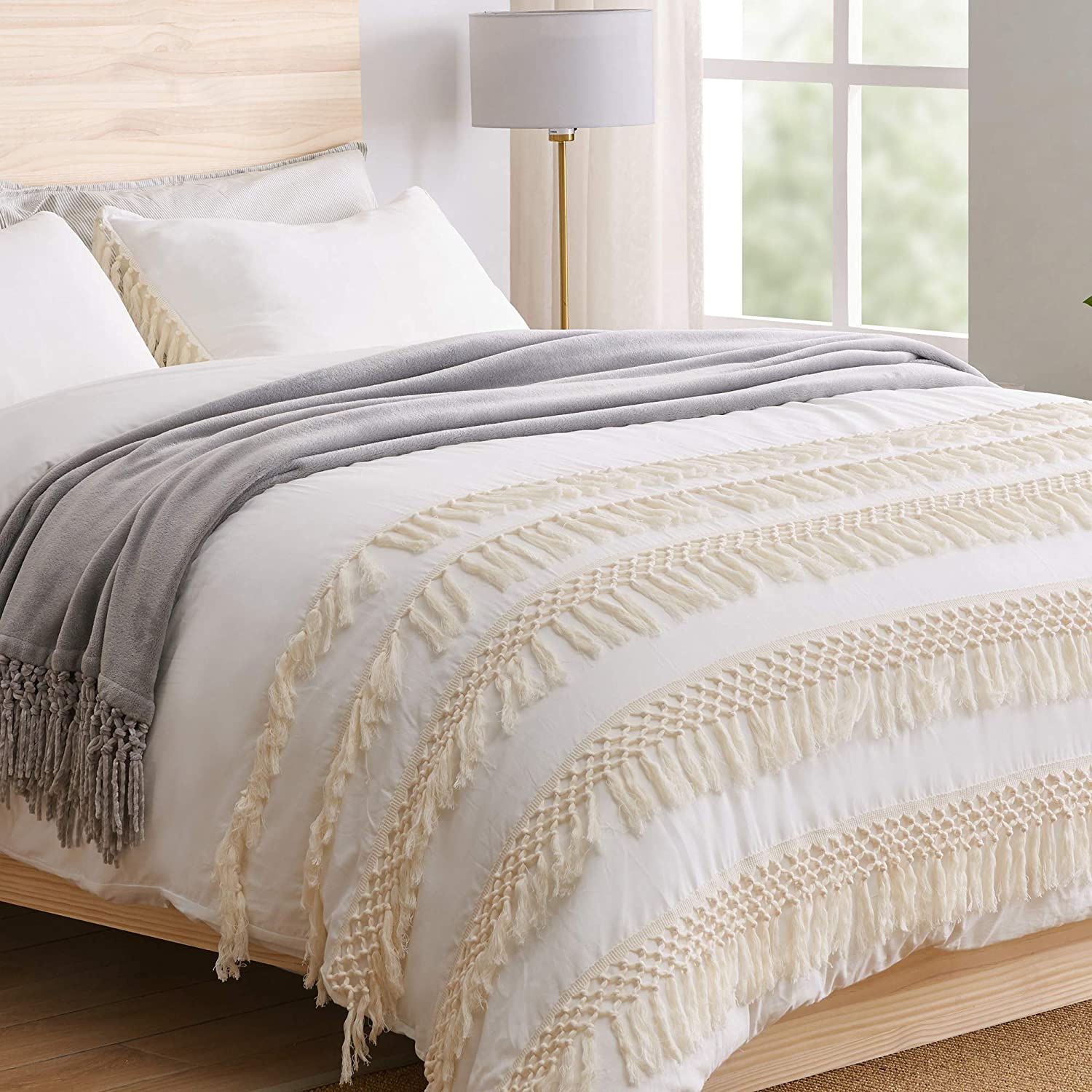 Price:$69.99 & Me Minimalist Boho Chic Solid Ivory Cream Macrame Fringe Knotted Tassel Cotton Duvet Comforter Cover and Sham 3 pc. Off White Full/Queen Size Bedding Set Luxury College : Home & Kitchen