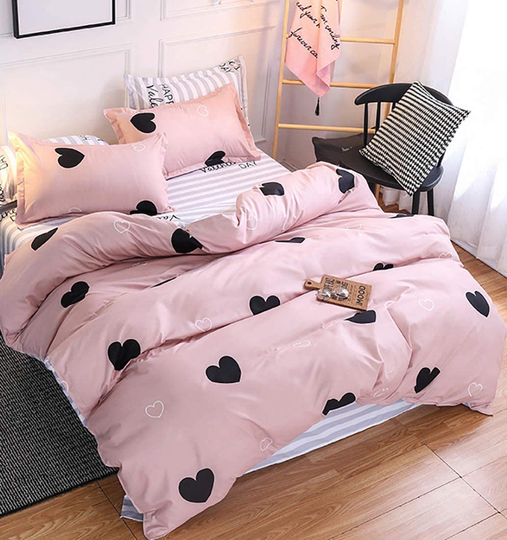 Price:$34.99 Blush Pink Heart-Shaped Queen Duvet Cover Set Black and Dusty Rose Full Bedding Comforter Cover Reversible Blue White Striped Soft Microfiber Quilt Cover for Kids Girls Teens Women : Home & Kitchen