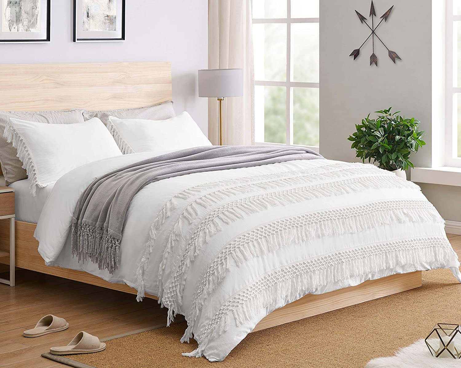 Price:$48.99 & Me Minimalist Boho Chic Solid White Macrame Fringe Knotted Tassel Cotton Duvet Comforter Cover and Sham 3 pc. Full/Queen Size Bedding Set Luxury College : Home & Kitchen