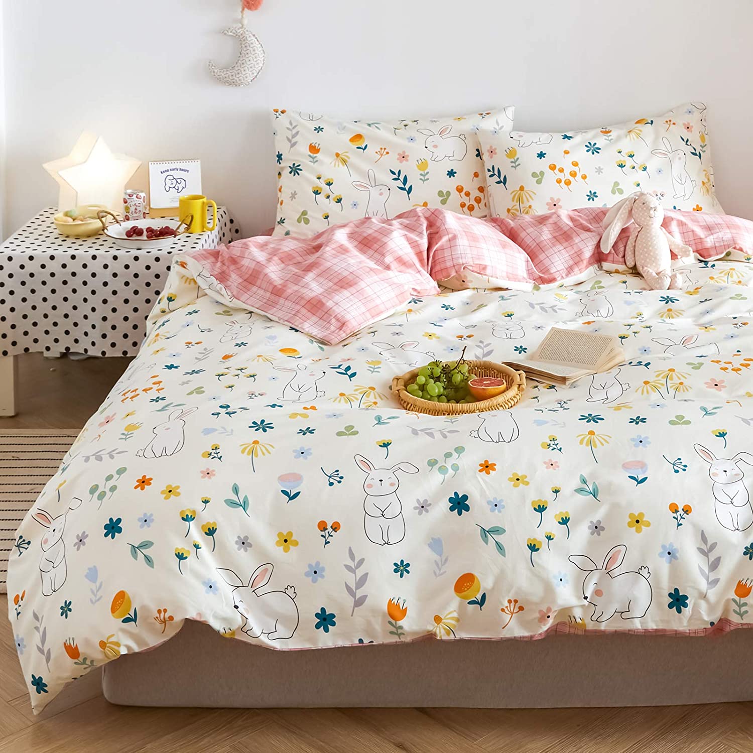 Price:$52.99 Rabbit Duvet Cover Set Queen 100% Cotton Bedding for Kids Boys Girls Teens Woman Cartoon White Bunny Floral Print on Cream 1 Animals Comforter Cover Full with Zipper Ties 2 Pillowcases Queen : Home & Kitchen