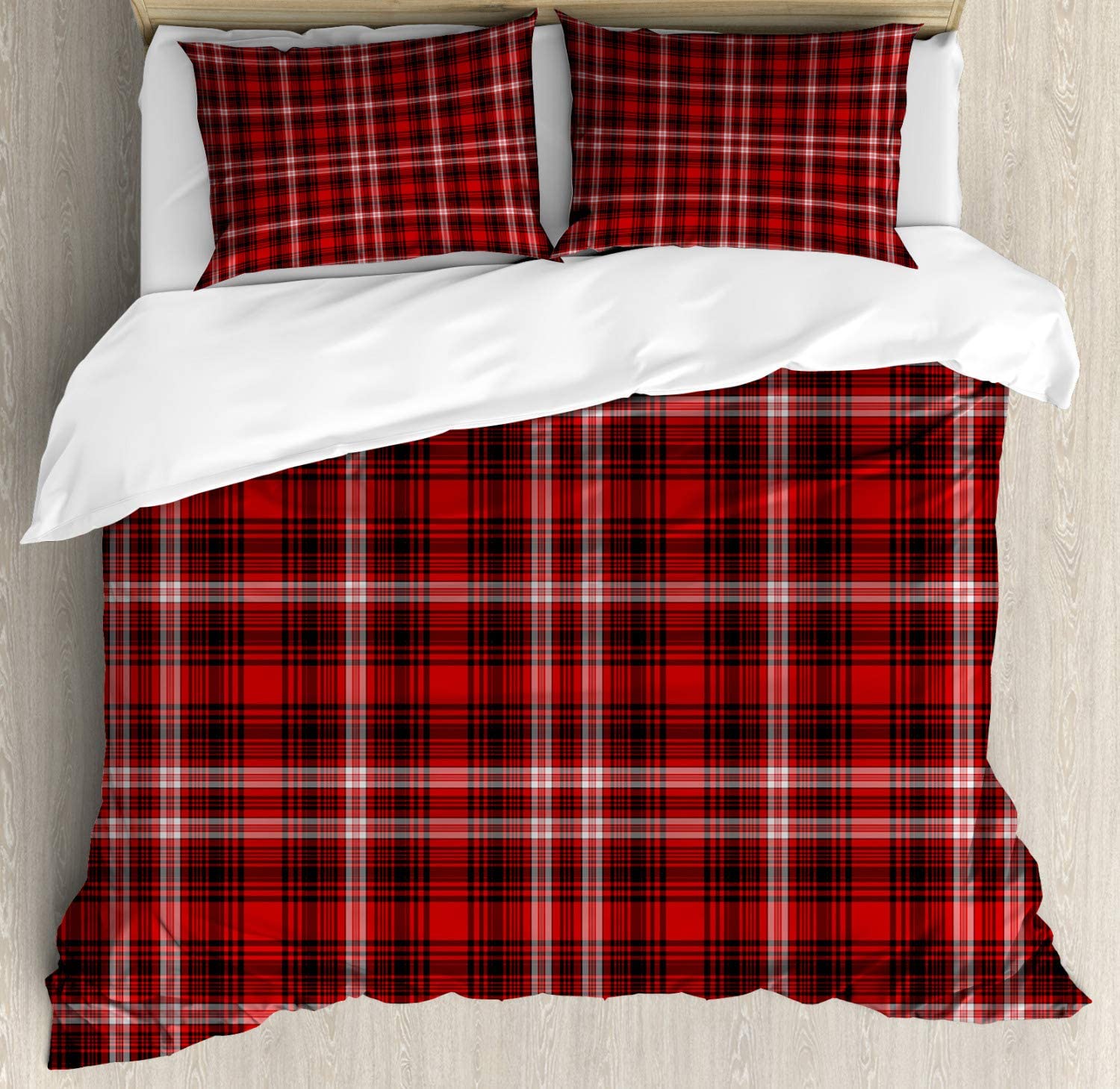 Price:$89.95 Plaid Duvet Cover Set, Nostalgic Striped Pattern from British Country with Constrasting Colors, Decorative 3 Piece Bedding Set with 2 Pillow Shams, King Size, Scarlet Black : Home & Kitchen