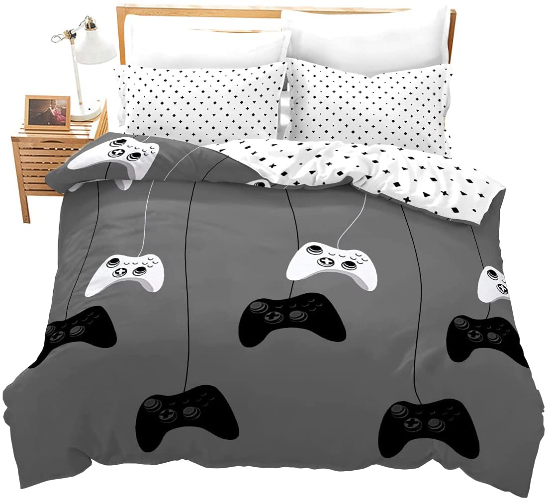 Price:$37.99 Gaming Bedding Set for Boys Gamer Duvet Cover Reversible Geometric Pattern,Video Game Decor Comforter Cover Teens Kids 3 Pieces 1 Duvet Cover with 2 Pillowshams Grey White No Comforter (Full) : Home & Kitchen