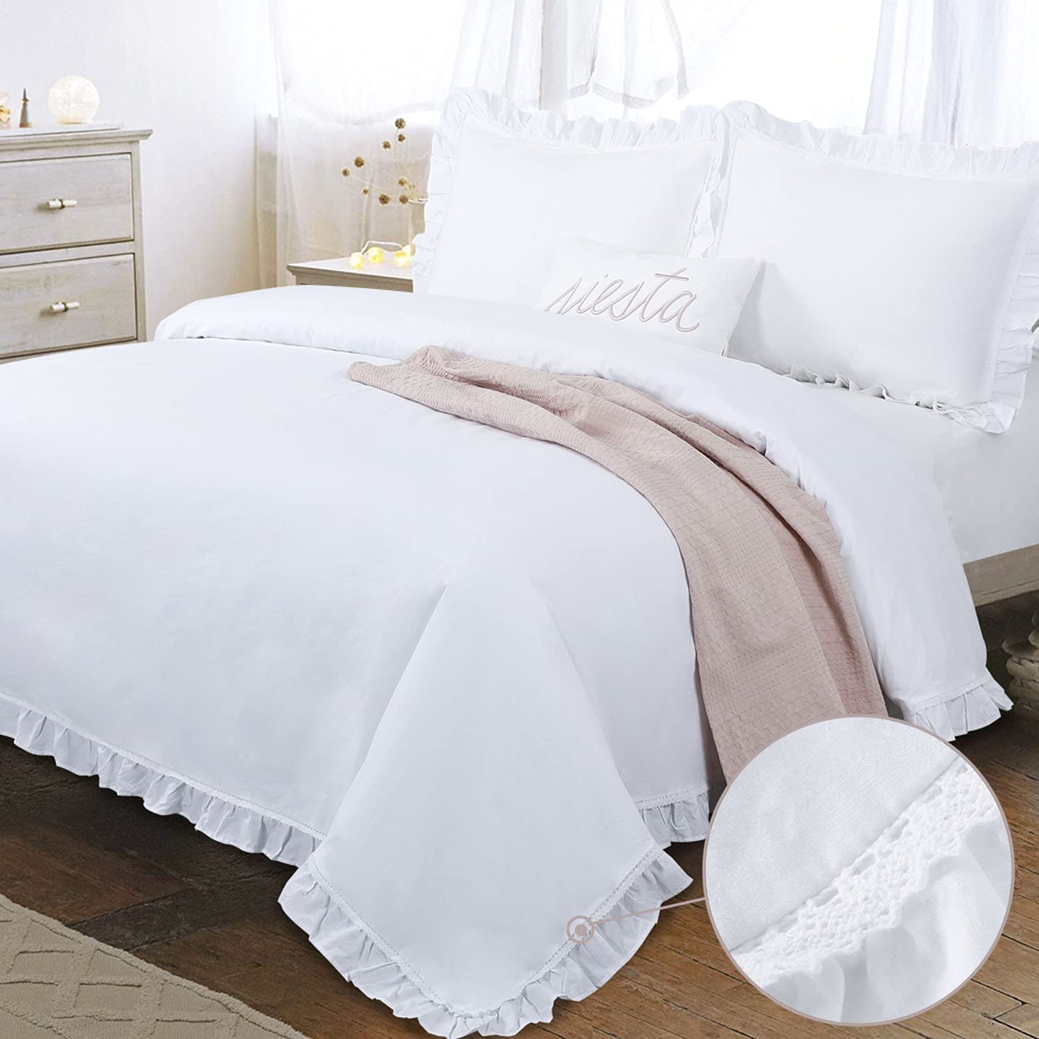 Price:$55.99 Duvet Cover King White Shabby Chic Farmhouse Lace French Country 3 Pieces Duvet Cover Set All Cotton 100 Rustic Elegant Cute Ruffled Edge Bedding Set 104×90 : Home & Kitchen