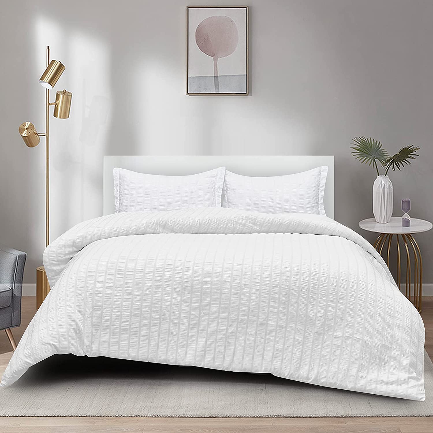 Price:$31.99 Queen Size Duvet Cover Set White Seersucker Striped Textured 3PCS 90" x 90" Bedding Duvet Covers Soft Luxury Microfiber Bed Comforter Cover with Zipper Closure and Corner Ties : Everything Else