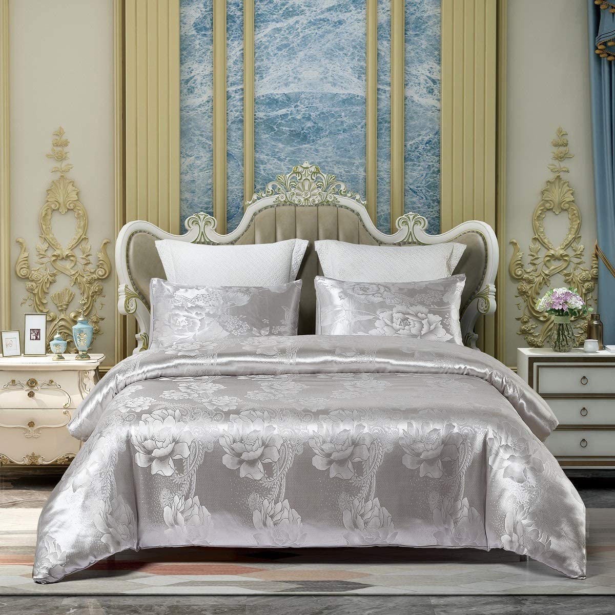 Price:$34.99 Luxury 3-Piece Satin/Sateen Silky Bed Sheet Set Bedding Collection,Summer Duvet Cover Sets - Silver Grey, Queen : Home & Kitchen