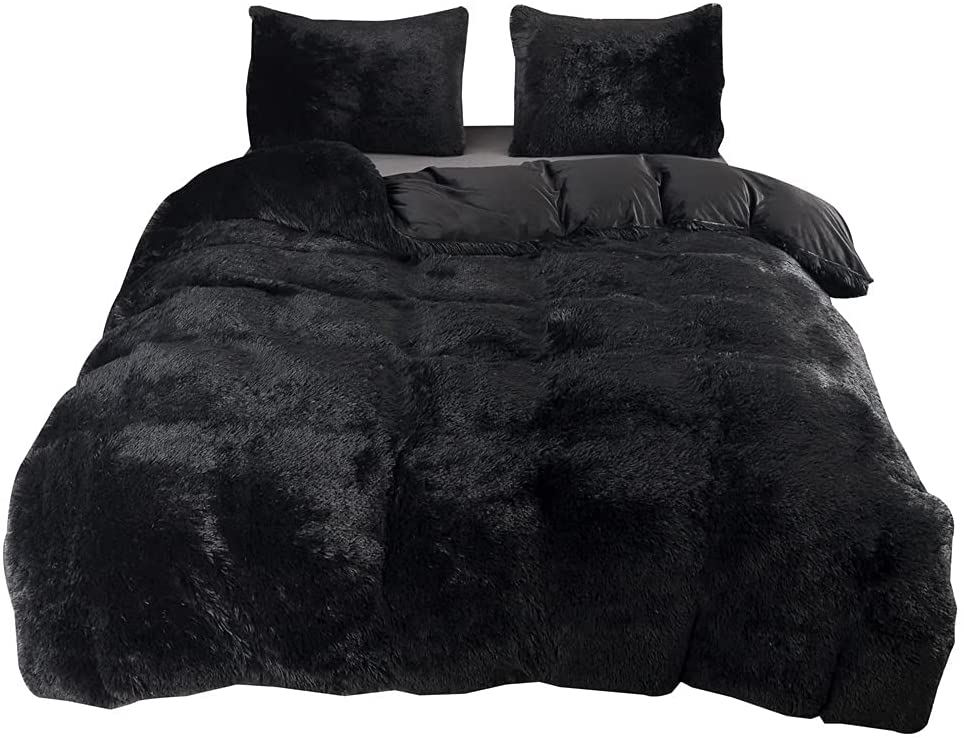 Price:$58.12 Fluffy Duvet Cover Shaggy Luxury Bedding Set 2 Pieces Plush Down Quilt Cover (1 Faux Fur Comforter Cover + 1 Faux Fur Pillowcases), Zipper Closure - Black, Twin : Home & Kitchen