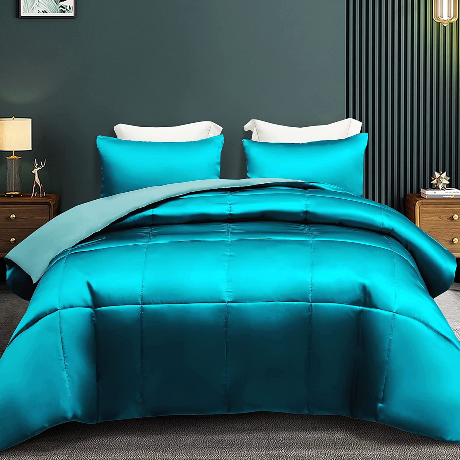 Price:$27.99 Flotilla 2-Piece Reversible Twin Comforter Set/ Bedding Set, Soft Satin Comforter with 1 Satin Pillowcase, Lightweight Duvet Set for All Seasons, 64"X88", Turquoise : Home & Kitchen