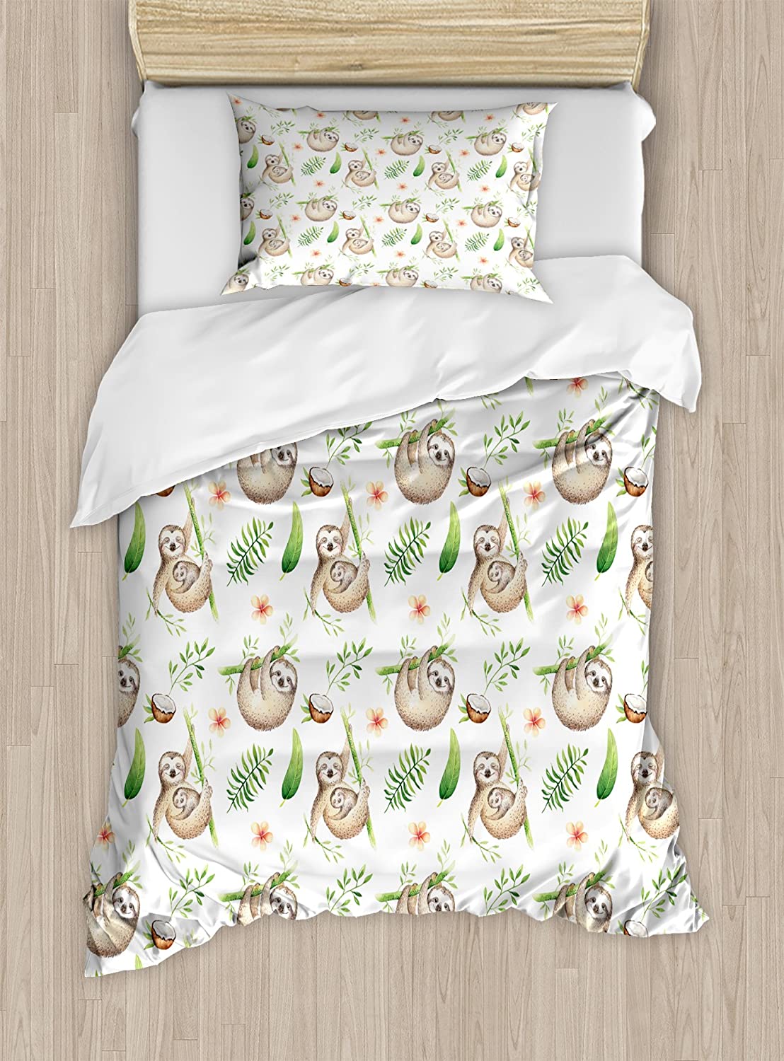 Price:$59.95 Sloth Duvet Cover Set, Baby Sloth and Mother Soft Colored Flowers Coconut Tree Leaves Happy Family, Decorative 2 Piece Bedding Set with 1 Pillow Sham, Twin Size, Brown Green : Home & Kitchen
