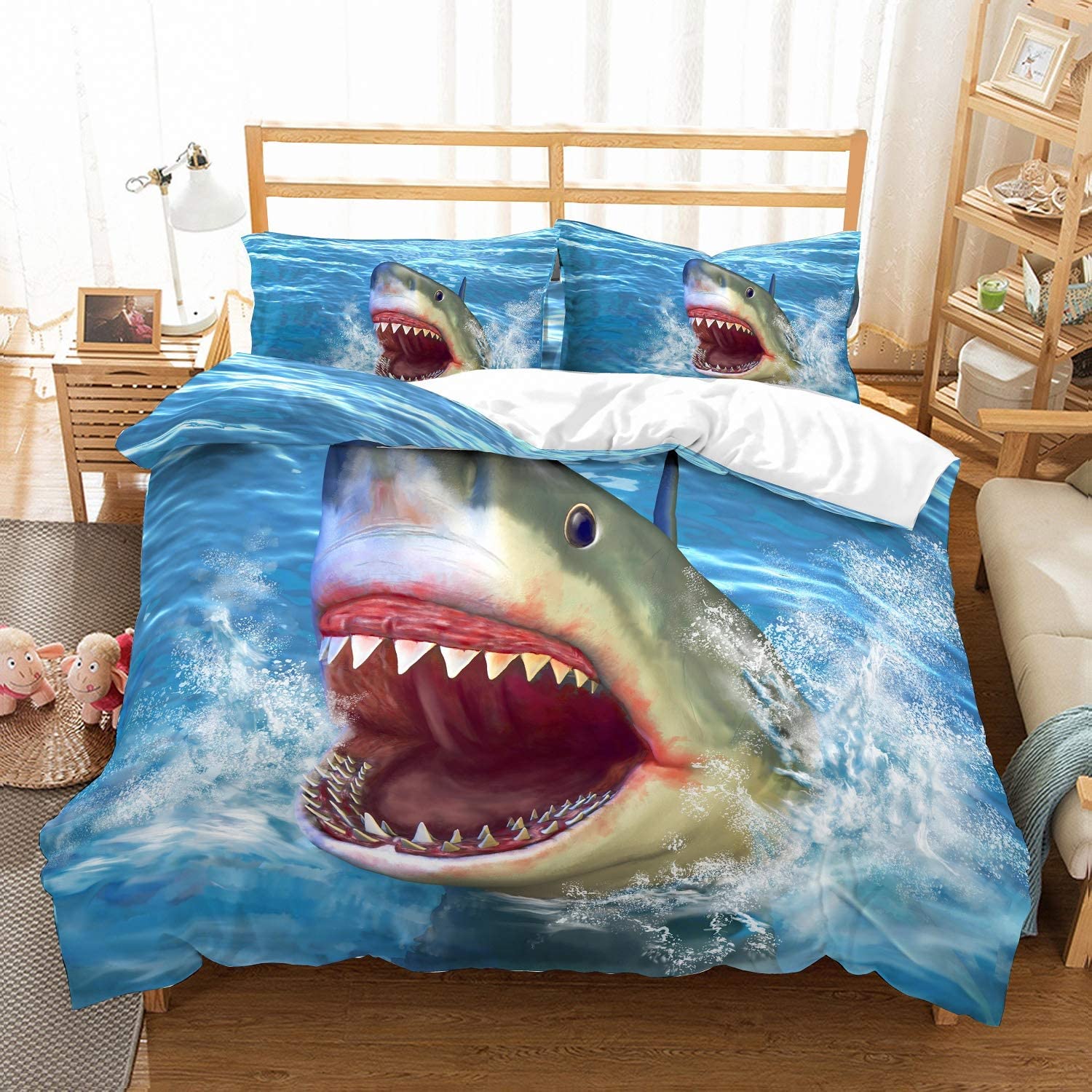 Price:$39.99 Twin Size Shark Bedding Kids Gift 3D Shark Jumping from Ocean Big Open Mouth Printed Blue Duvet Cover Bed Sets with Zipper for Boys Girls 2 Pieces No Comforter : Home & Kitchen
