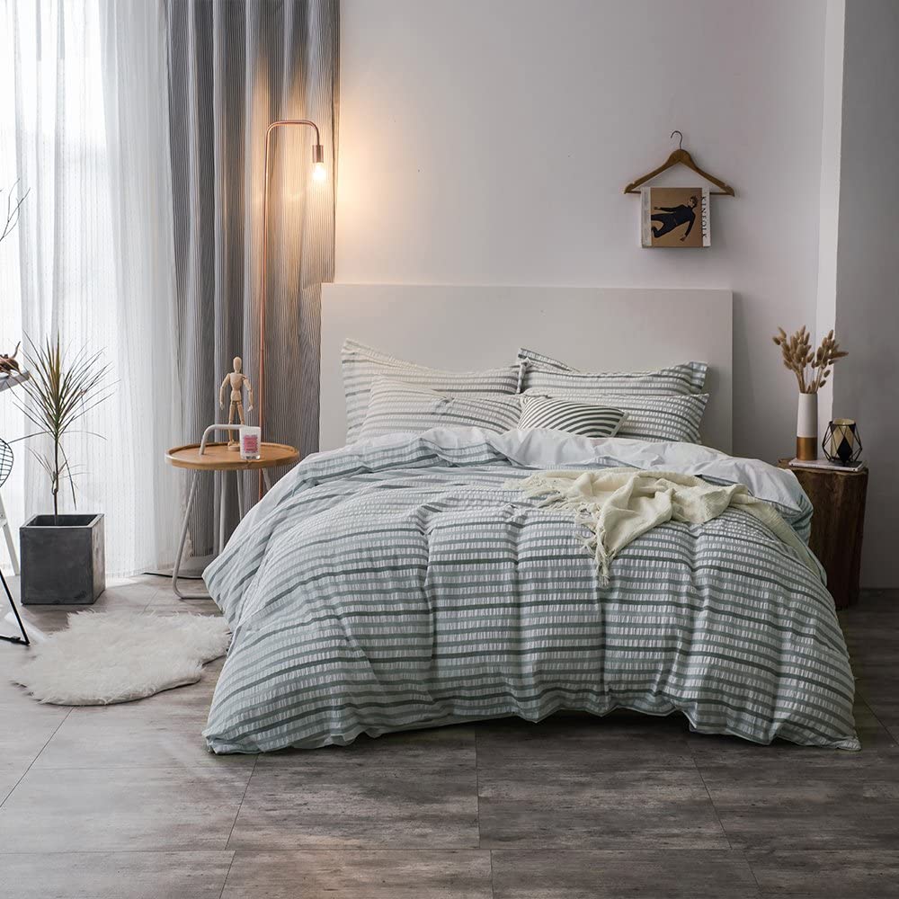 Price:$55.99 Cotton Duvet Cover Set Queen,100% Cotton Yarn Dyed Seersucker Stripe Duvet Cover with 2 Pillwoshams,3 Pieces Bedding Set - Full/Queen : Home & Kitchen