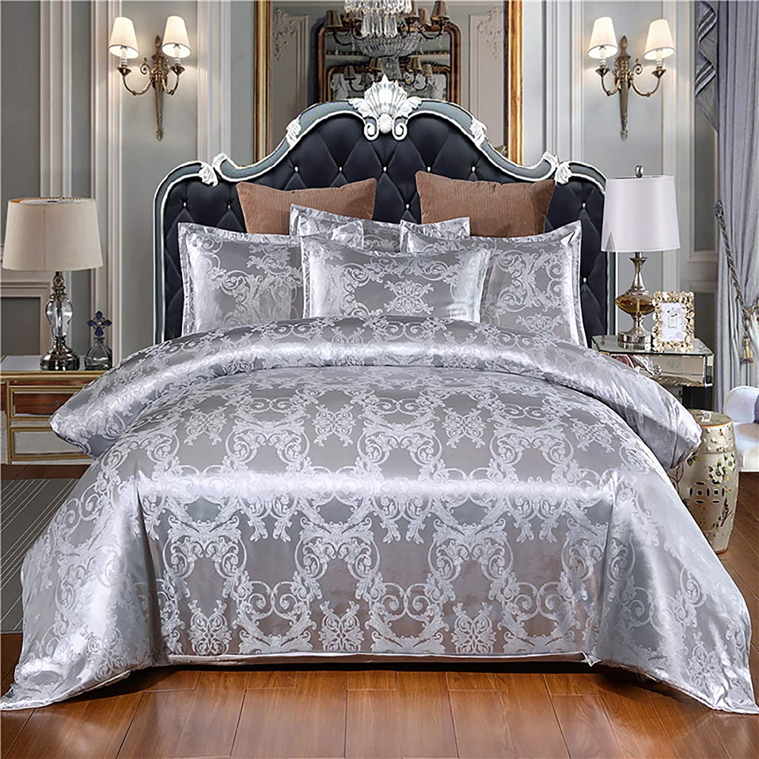 Price:$39.99 Satin Duvet Cover 3 Piece Set Reversible Luxury Double Brushed Microfiber Ultra Soft Queen Size Silk Like Floral Bedding Comforter Covers Zipper Closure and 2 Pillow Shams Grey : Home & Kitchen