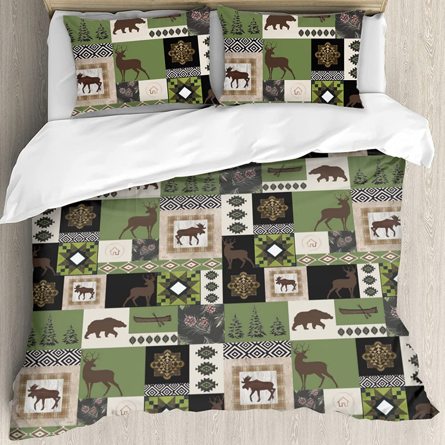 Price:$40.99 Bedding Quilt Set Pine Tree Moose Bear Duvet Cover with 2 Pillow Cover Country Patchwork Bedding Forest Animal 3 Piece Bed Set All Season : Home & Kitchen