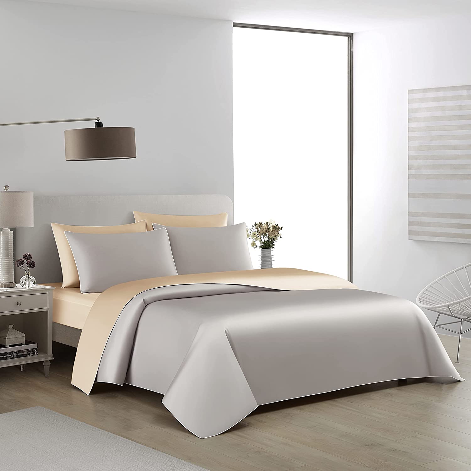Price:$239.00 3 Pieces Luxury Reversible Duvet Cover Set 800TC 100% Pima Cotton YKK Hidden Zipper Closure (Light Grey&Champagne, King for 3PCS Duvet Cover Set) : Home & Kitchen