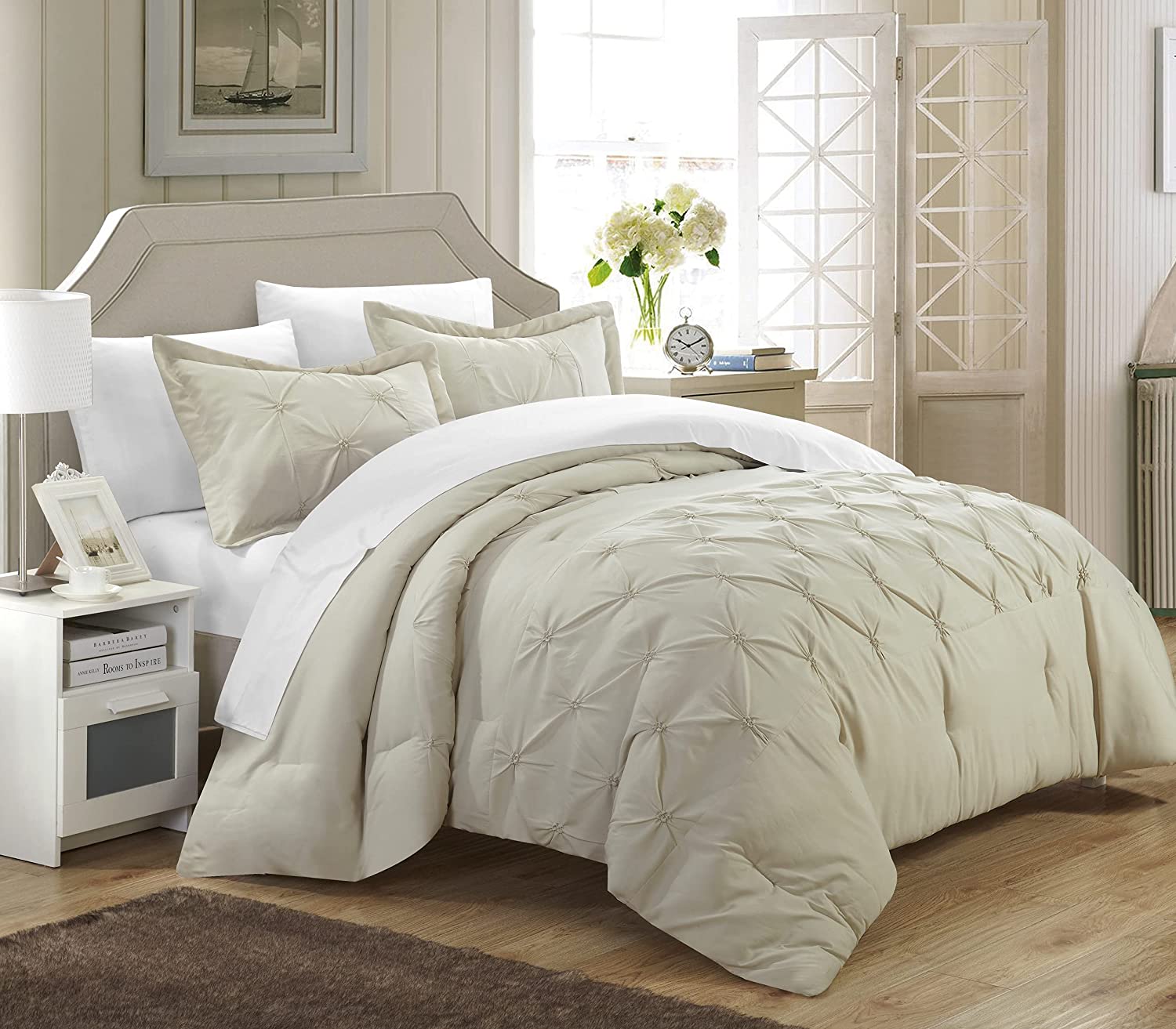 Price:$43.19 Home 3 Piece Veronica Pinch Pleat Pintuck Duvet Cover Set, Queen, Beige : Home & Kitchen