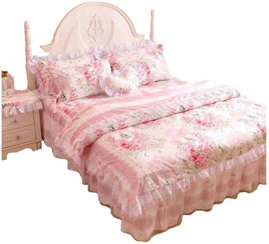 Price:$129.00 Flower Print Bedding Set,Floral Bed Set,Princess Lace Ruffle Duvet Cover King Queen Twin,4Pcs (Queen) : Home & Kitchen