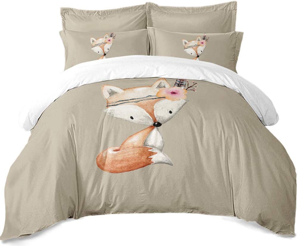 Price:$45.99 Cartoon Fox Bedding Set Cute Fox with Flower Feather Headband Duvet Cover Twin Full Queen King Size,3 Pcs Duvet Cover Pillowcase Sheets Childs Bed Sets Gift for Bedroom : Home & Kitchen