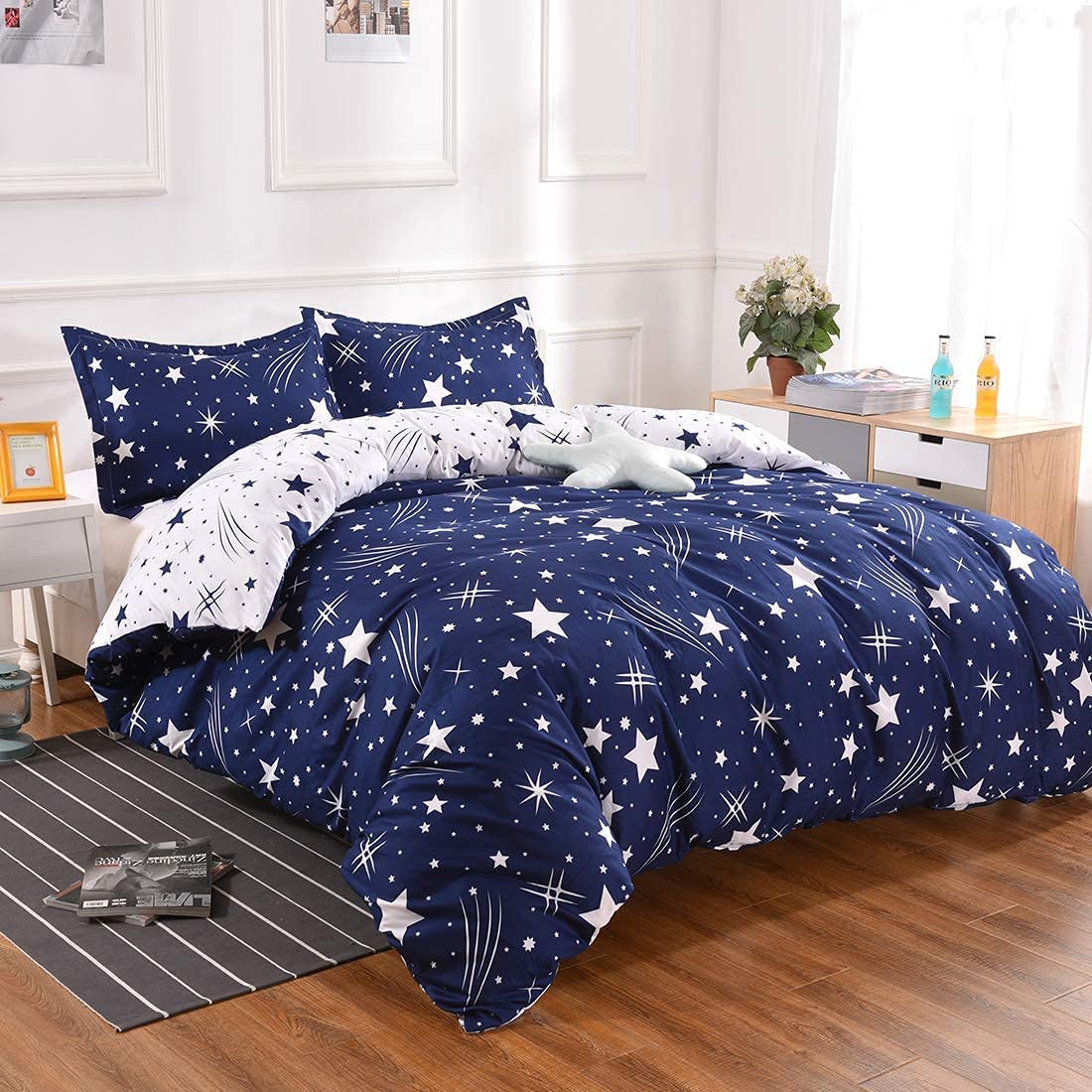 Price:$32.99 Lightweight Microfiber Bedding Duvet Cover Set, Cute Star Pattern (Blue White Star, Queen) : Home & Kitchen