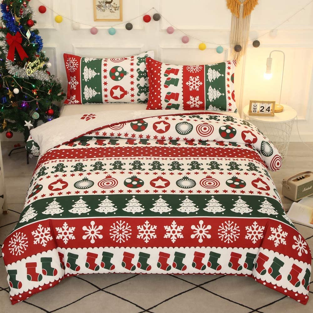 Price:$46.99 A & S Merry Christmas Bedding Duvet Cover Set King Christmas Trees Snowflake and Socks Pattern Printed Quilt Cover Set with Pillow Case Comforter Duvet Cover Set (Red White, 3PC) : Home & Kitchen