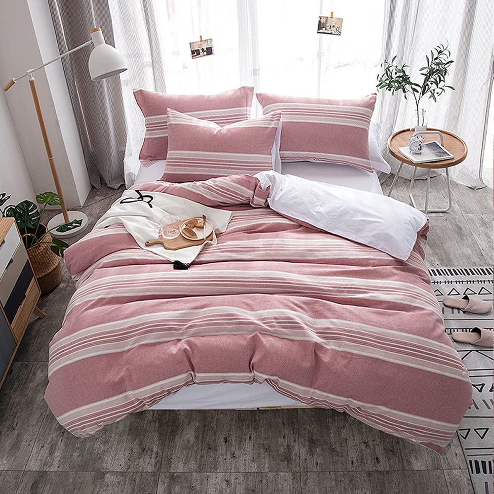 Price:$59.99 Cotton Duvet Cover Set Queen Size,100% Cotton Yarn Dyed Textured Stripe Duvet Cover Set,Breathable Bedding for All Season- Pink : Home & Kitchen