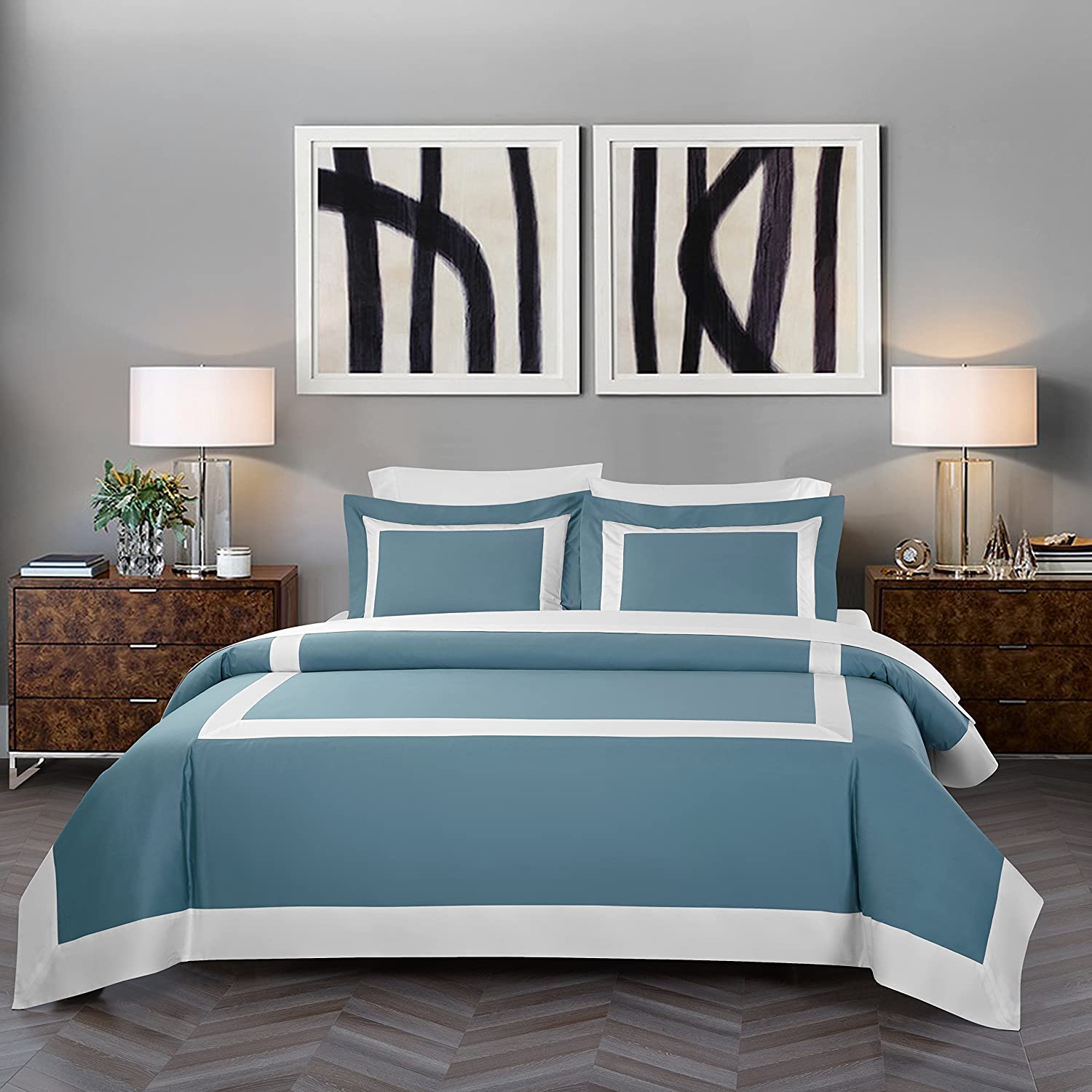 Price:$149.90 Bicolore Collection Duvet Covers Set 3 Pieces Do Not Include Filling Classic European 100% Egyptian Cotton Sateen Luxury 400 Thread Count Frame Patchwork Manufacturing(Blue/White,King) : Home & Kitchen