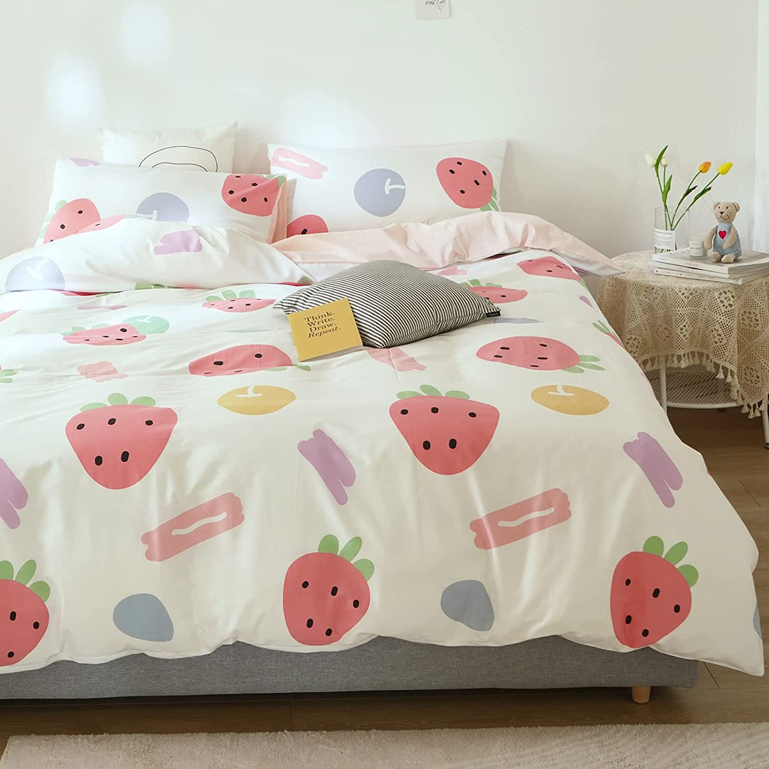 Price:$35.99 Strawberry Duvet Cover Set 100% Cotton Full Queen Red Yellow Apple Purple White Bedding 1 Fruit Comforter Cover 2 Pillowcases for Kids Girls Boys Woman Gift : Home & Kitchen