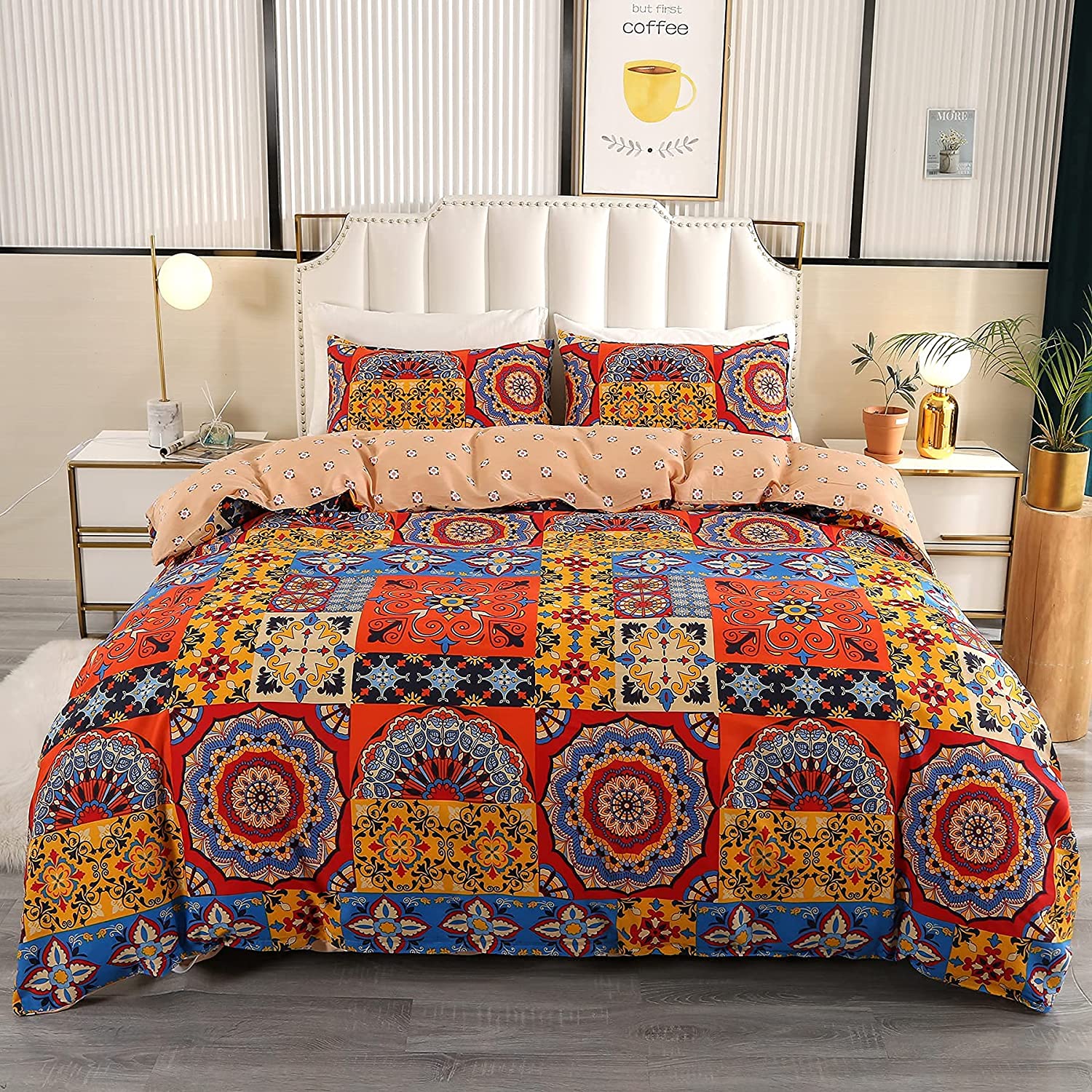 Price:$45.79 King Size Cotton Duvet Cover Set Floral Warm Orange Comforter Covers Bohemia Exotic Striped Bedding Sets with Zipper Closure : Everything Else