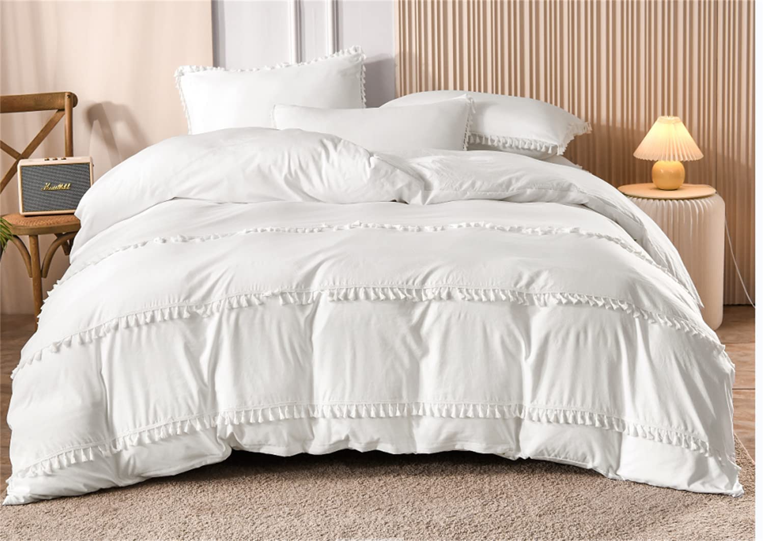 Price:$49.99 White Duvet Cover King Size Set;3 Pieces Elegant Tufted Tassel Washed Cotton Bedding Macrame Textured Closure Zipper 1 Duvet Cover 2 Pillow Shams for Girls Boys White King : Home & Kitchen