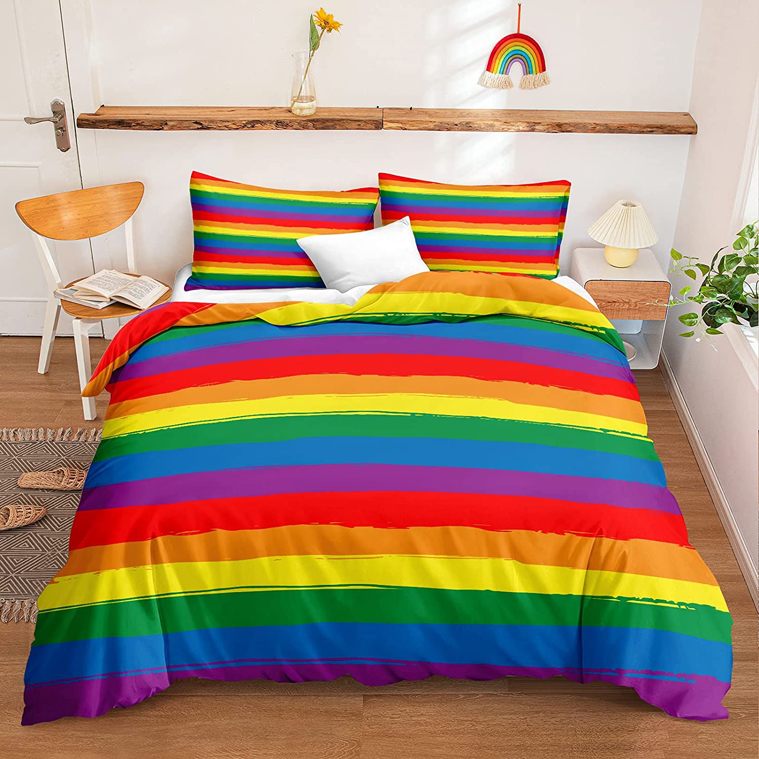 Price:$44.99 Rainbow Pride Bedding Set LGBT Gay Lesbian Flag Duvet Cover Set Rainbow Stripe Design 3 Pieces Soft Microfiber Bedding 1 Duvet Cover 2 Pillowcases(Rainbow,Queen) : Home & Kitchen