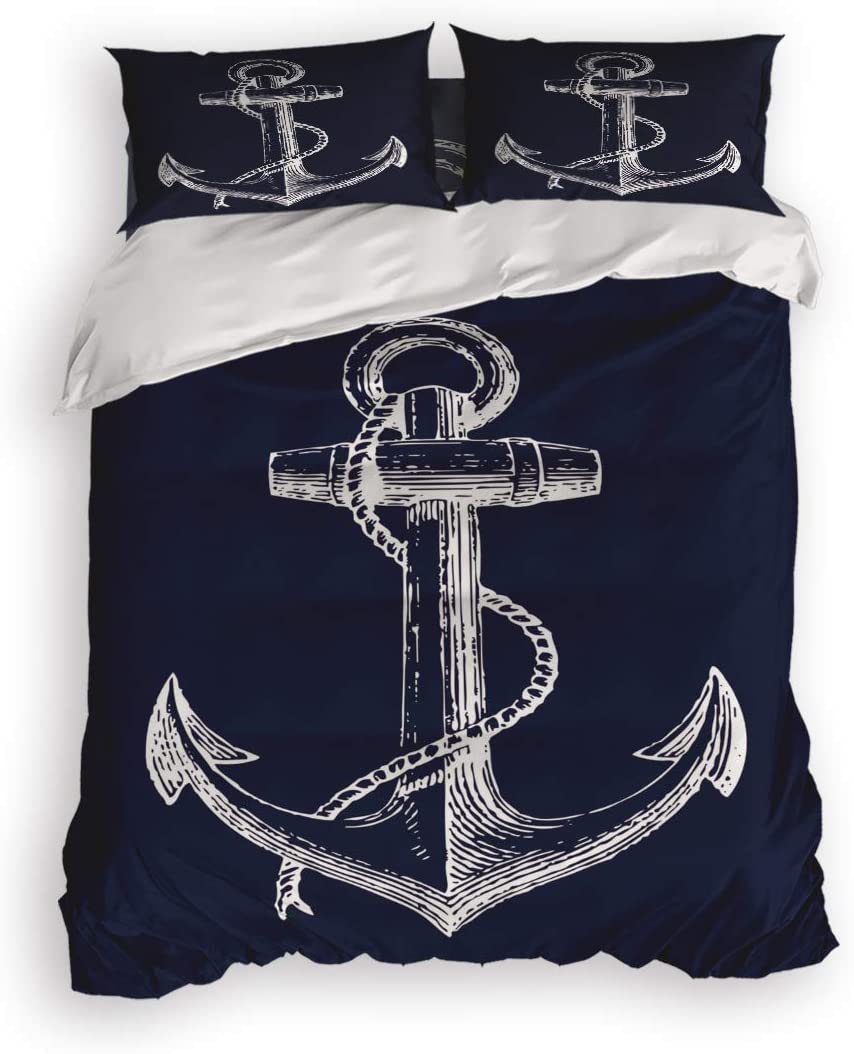 Price:$121.99 Leader 4 Pcs Bedding Set-Nautical Anchor Navy Blue Duvet Cover Set Ultra Soft and Easy Care Sheet Quilt Sets with Decorative Pillow Covers for Children Kids Adults-Queen : Home & Kitchen