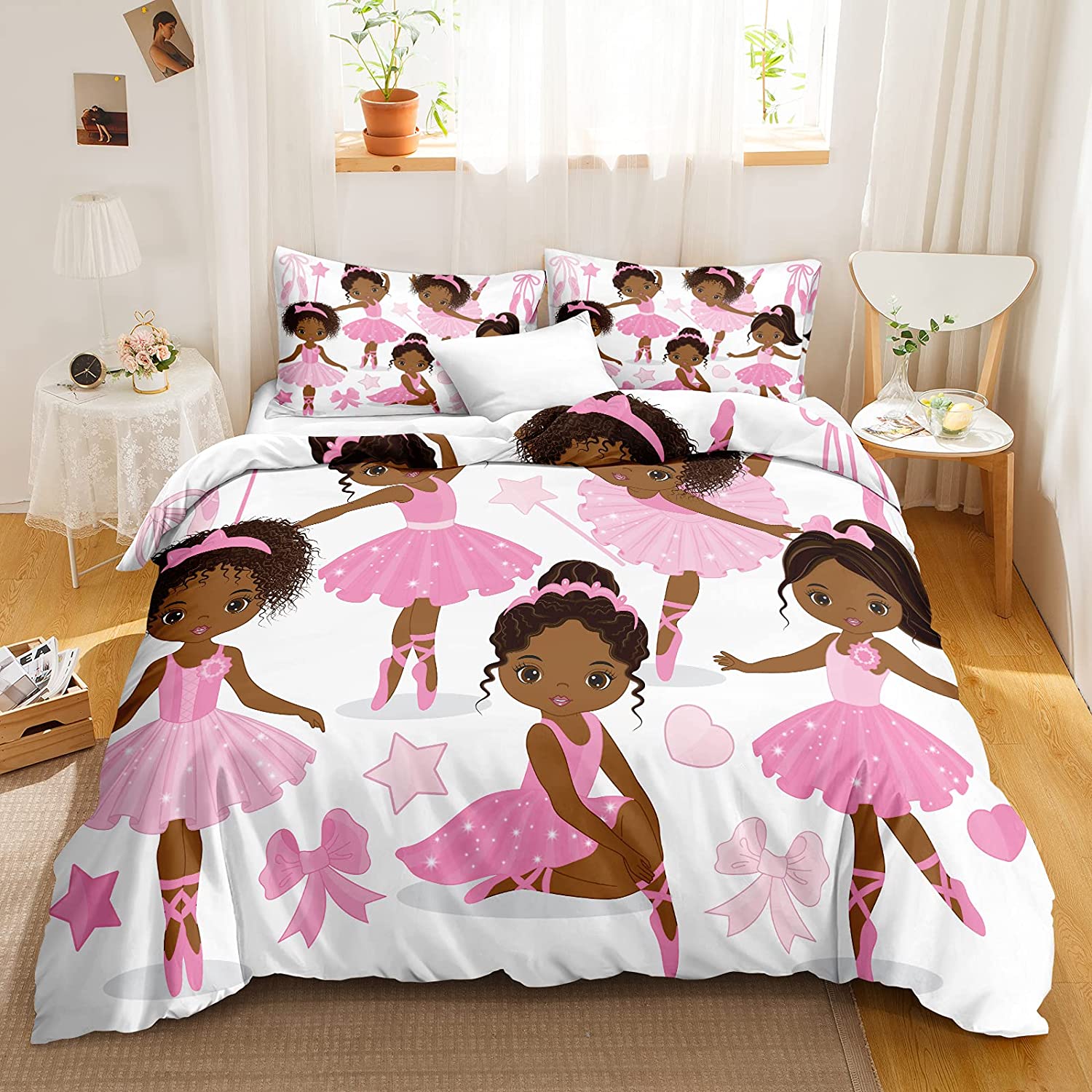 Price:$45.99 Pink African American Ballerina Bedding Set Queen Size Cute Girl Princess Ballet Dancer Duvet Cover Set Soft Microfiber 3 Pcs Bedding with 2 Pillowcases (Ballerina, Queen) : Home & Kitchen