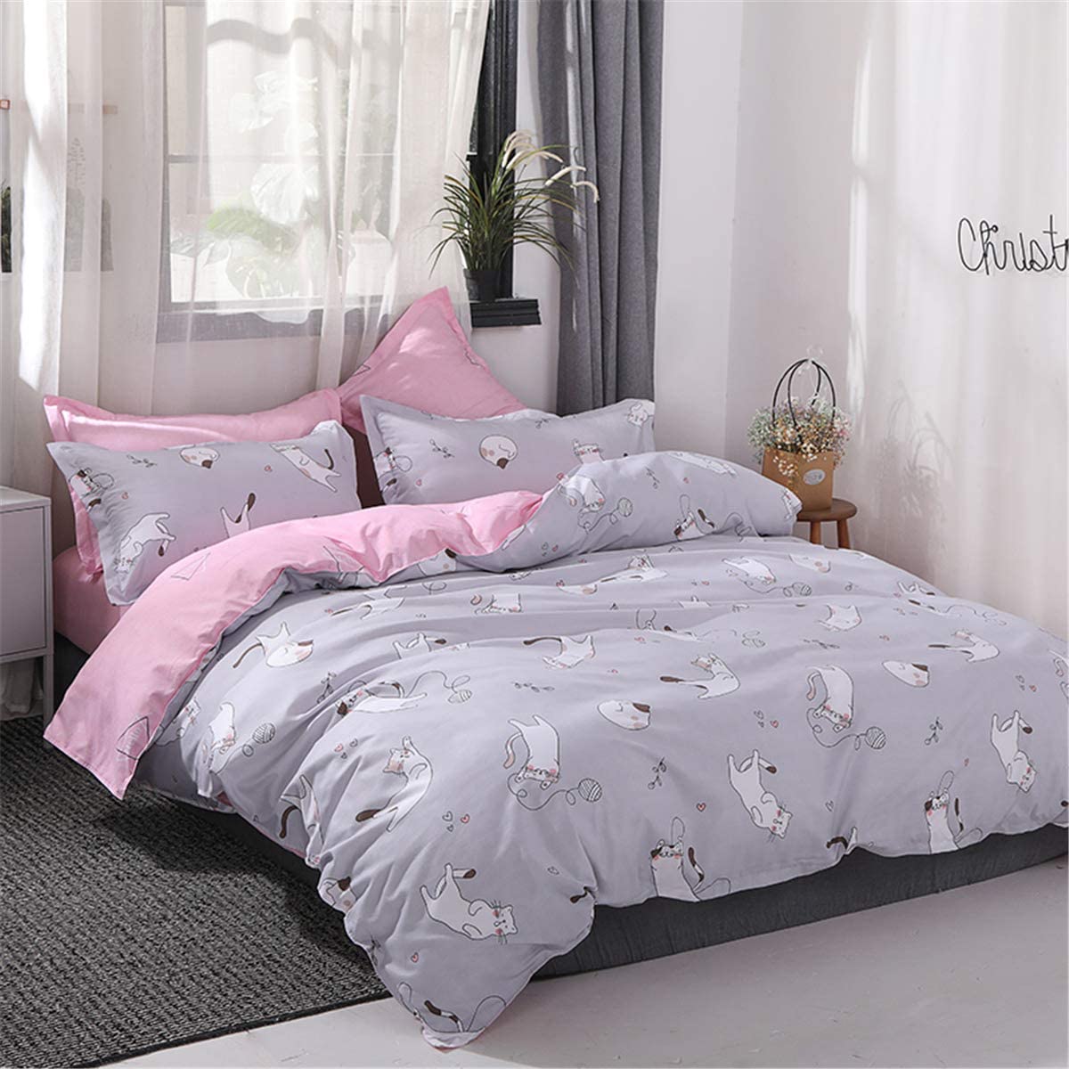 Price:$36.99 Girls Grey Bedding Duvet Cover Set Queen Full Size Kids Lovely Cats Playing with Pink Geometry Reversible Quilt Cover Super Soft Microfiber Bedding,2 Pillow Shams,Zipper Closure(KAMM,Q) : Home & Kitchen