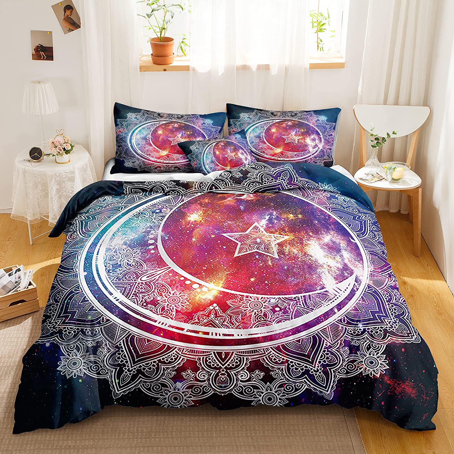 Price:$48.99 Moon Bedding Galaxy Duvet Cover Set Mandala Moon and Star Pattern Design Cosmic Nebula Bedding Sets King 1 Duvet Cover 2 Pillowcases (King, Moon) : Home & Kitchen