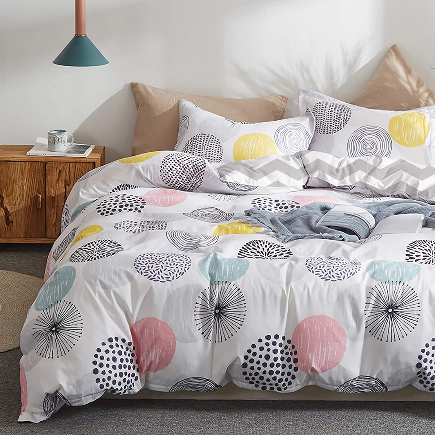 Price:$31.99 Piece Duvet Cover Set Queen (1 All Season Design Duvet Cover + 2 Pillow Shams) with Colorful Dots, 800 - TC Comforter Cover with Zipper Closure, 4 Corner Ties - Pink Gray Yellow Circles : Home & Kitchen
