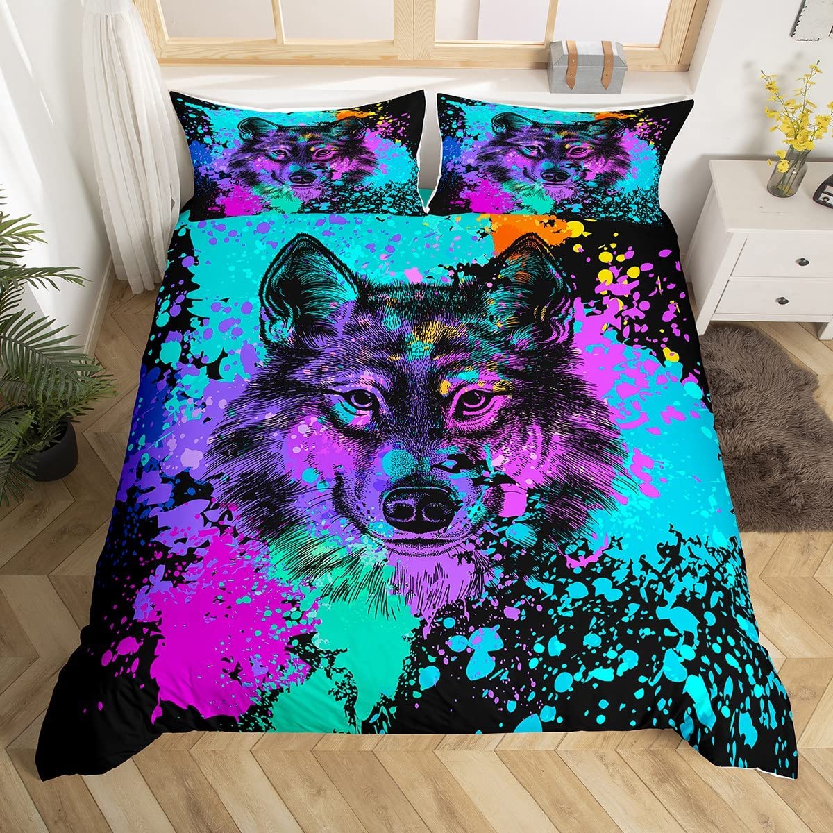 Price:$39.00 Wolf Bedding Set Twin Size Tie Dye Duvet Cover Safari Animals Print Comforter Cover for Kids Boys Juvenile Splash Graffiti Hip Hop Bedspreads Cover with 1 Pillow Case Colorful Teal Black : Home & Kitchen