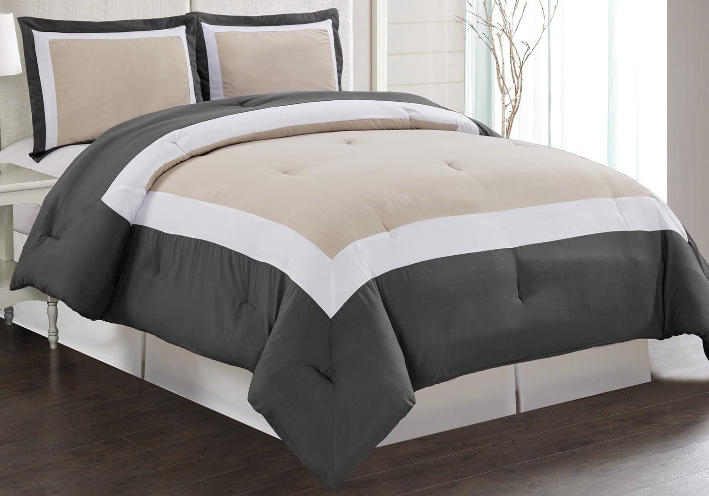 Price:$29.21 Linen 3-Piece Light Grey/Dark Grey/White Color Block Duvet Cover Set, Queen Size Includes 1 Cover and 2 Shams - Brushed Microfiber - Luxury, Ultra Soft and Durable : Home & Kitchen
