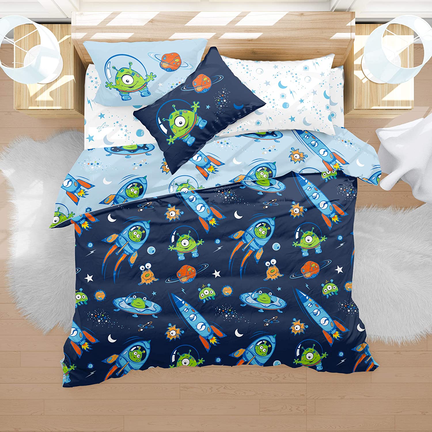 Price:$32.99 Kids NZ Boys Universe Outer Space Duvet Cover Set Twin Astronaut Rocket Ship Planets Stars Boys Galaxy Bedding 3 Piece Twin Reversible 100% Microfiber 68x86 inches : Home & Kitchen