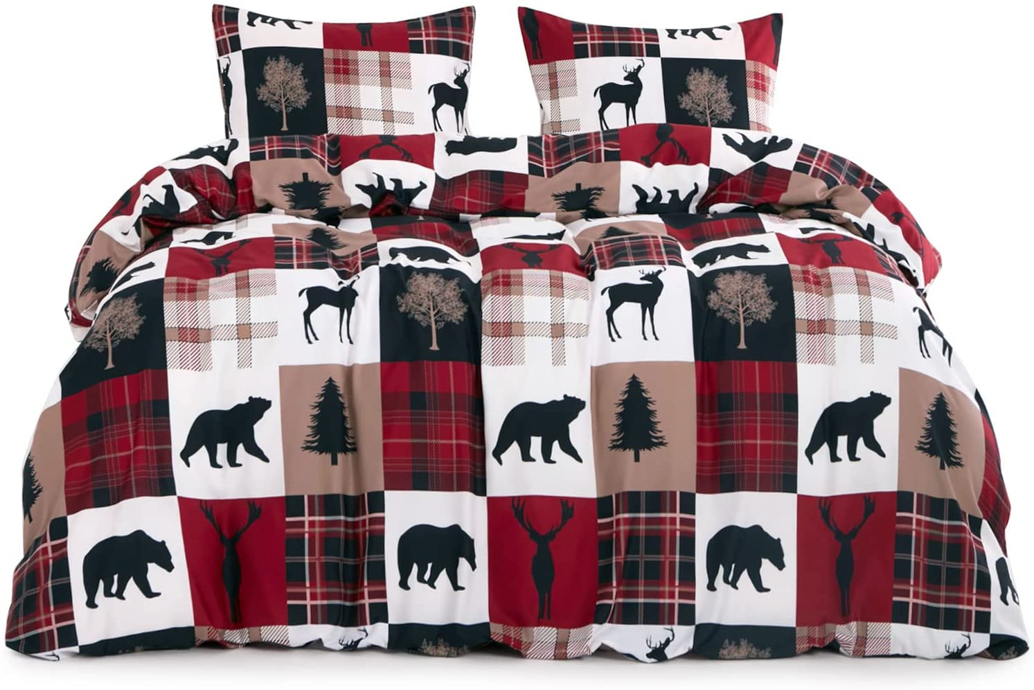 Price:$48.99 In Cloud - Rustic Patchwork Duvet Cover Set, Christmas Lodge Red and Black Bedding Woodland Wildlife Bear Moose Elk Pine Trees Pattern Printed, Soft Microfiber Bedding (3pcs, Queen Size) : Home & Kitchen