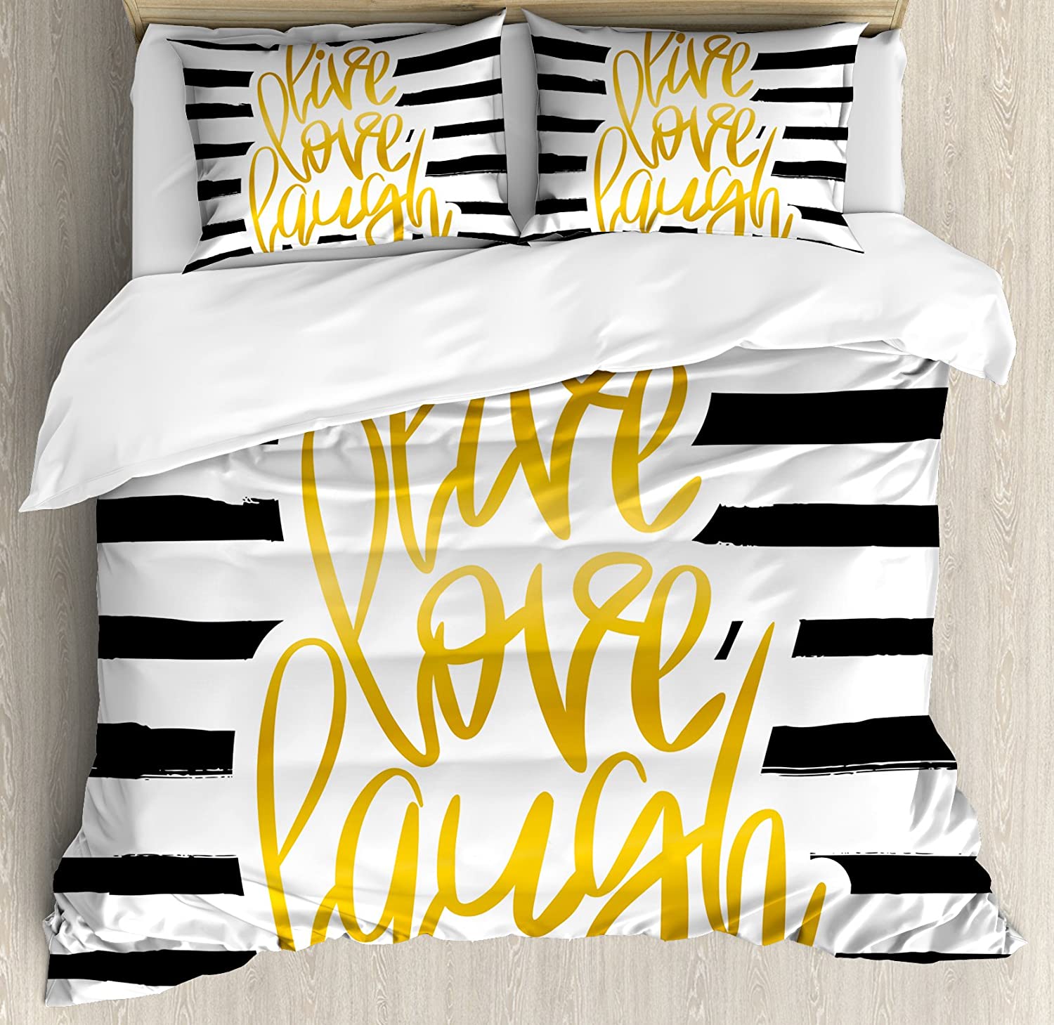 Price:$59.95 Live Laugh Love Duvet Cover Set, Romantic Design with Hand Drawn Stripes and Calligraphic Text, Decorative 2 Piece Bedding Set with 1 Pillow Sham, Twin Size, White Yellow : Home & Kitchen