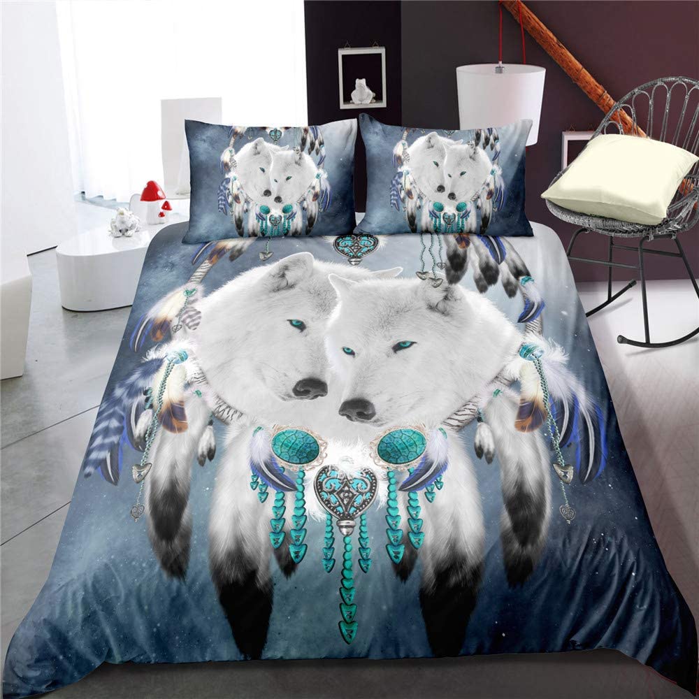Price:$69.99 Wolf Dream Catcher Bedding 3 Piece Twin Queen King White Wolves Bed Set Blue Galaxy Wolf Couple Duvet Cover No Comforter King Color 6 : Home & Kitchen