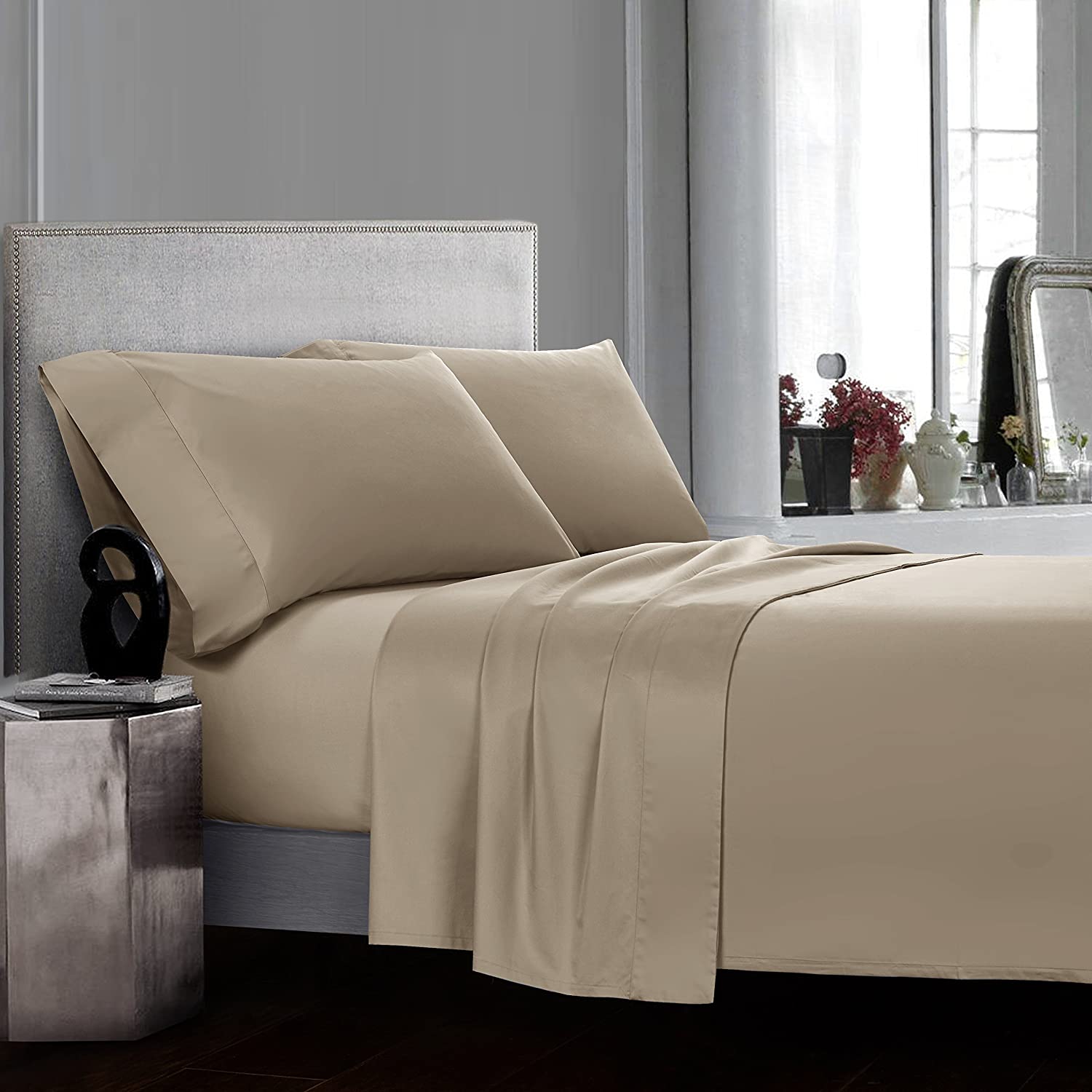 Price:$109.90 Champagne Khaki Sheets Set 4 Pieces 100% Egyptian Cotton Luxury Sateen 400 Thread Count Soft Premium Classy Deep Pocket All Around Elastic(Khaki,Queen) : Home & Kitchen