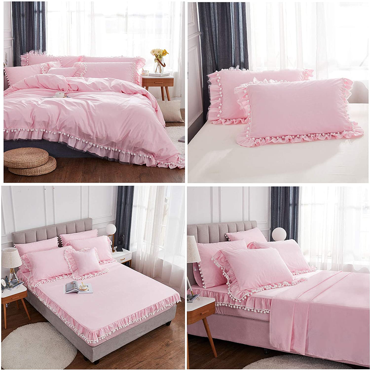 Price:$165.00 Bed in a Bag 7 Pcs Queen Size Pink Bedding Pom Pom Bedding 100% Cotton Sheets Ruffle Duvet Cover Set (1 Duvet Cover+1 Fitted Sheet+1 Flat Sheet+4 Pillowshams) - No Comforter Filling : Home & Kitchen