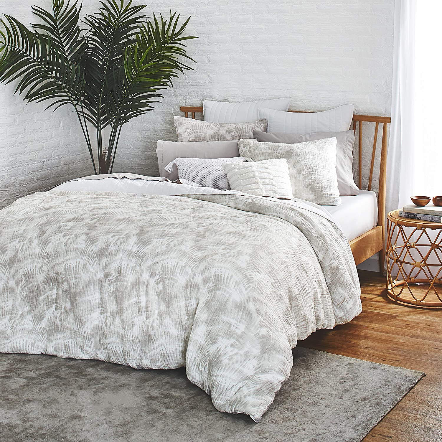 Price:$155.98 Home Watercolor Palm 3-Piece Cotton Duvet Cover & Sham Set, 92ʺW x 96ʺL, Full/Queen, Dune Grey : Everything Else