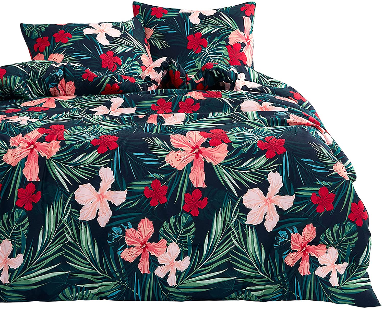 Price:$28.99 In Cloud - Floral Duvet Cover Set, Tropical Flowers Tree Leaves Pattern Printed, Navy Blue on Reverse, Soft Microfiber Bedding with Zipper Closure (3pcs, Queen Size) : Home & Kitchen