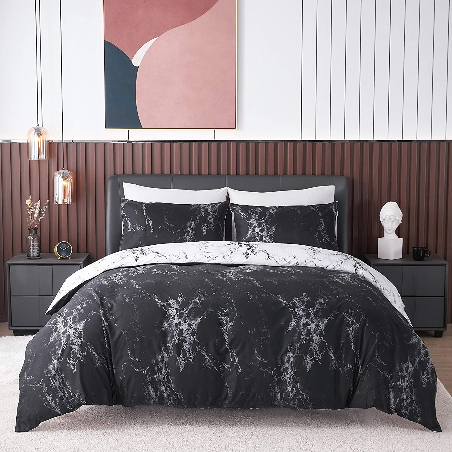 Price:$29.99 Duvet Cover Set with Zipper Closure Ties, Soft Microfiber Black and White Pattern Double Sided Printing (Queen Size 1 Duvet Cover 2 Pillow Cases) : Home & Kitchen