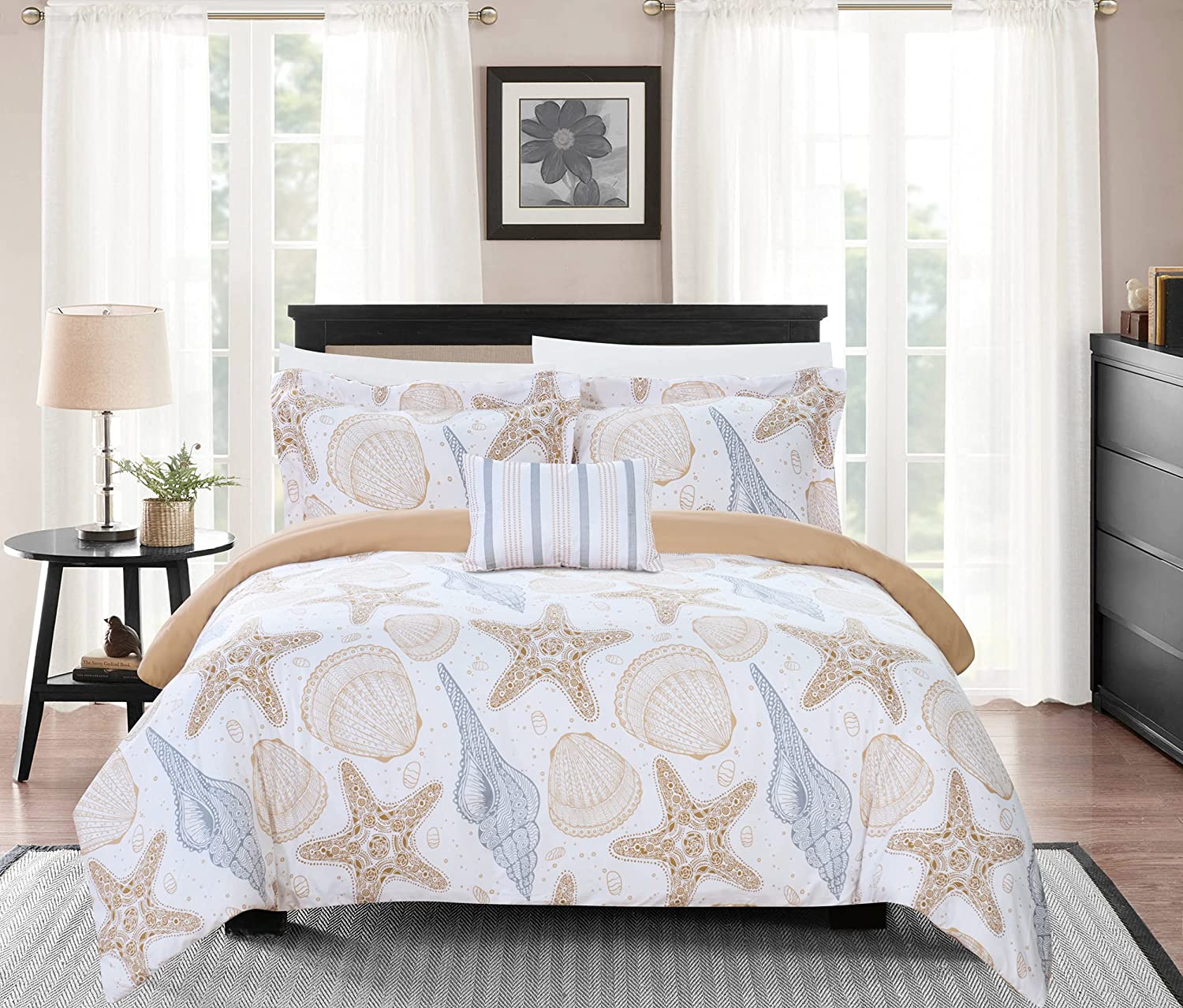 Price:$50.90 Home Azure 4 Piece Reversible Duvet Cover Set Life in The Sea Theme Print Design Bedding-Decorative Pillow Shams Included, King, Multi Color : Home & Kitchen
