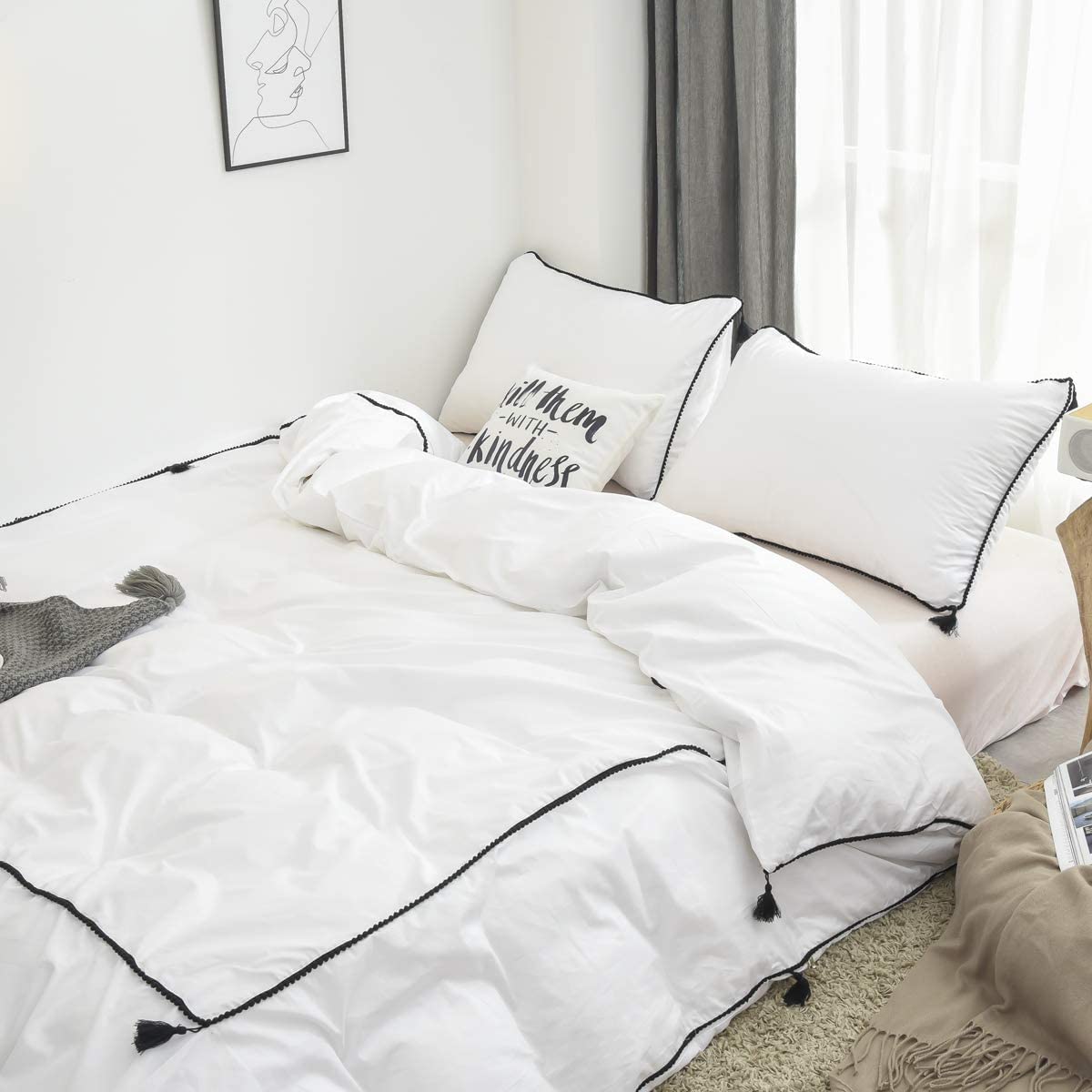 Price:$75.00 Black and White Chic 100% Cotton Duvet Cover Sets Full Size Elegant and Luxury Tassel Boho Bedding Set 3-Pieces : Home & Kitchen