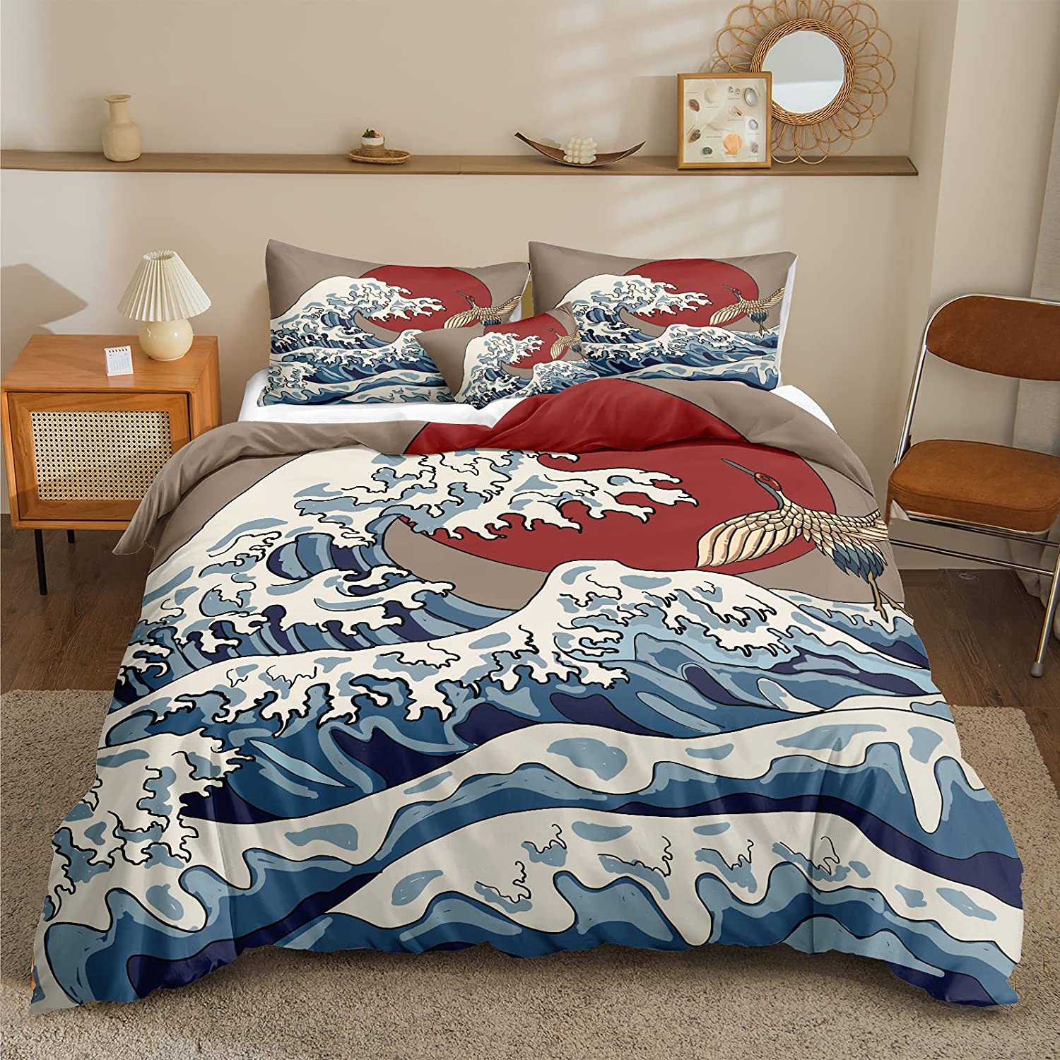 Price:$46.99 Wave Bedding Japanese Style Duvet Cover Set Flying Crane and Sea Wave Printed Crane Bedding Sets Queen 1 Duvet Cover 2 Pillowcases (Queen, Crane) : Home & Kitchen