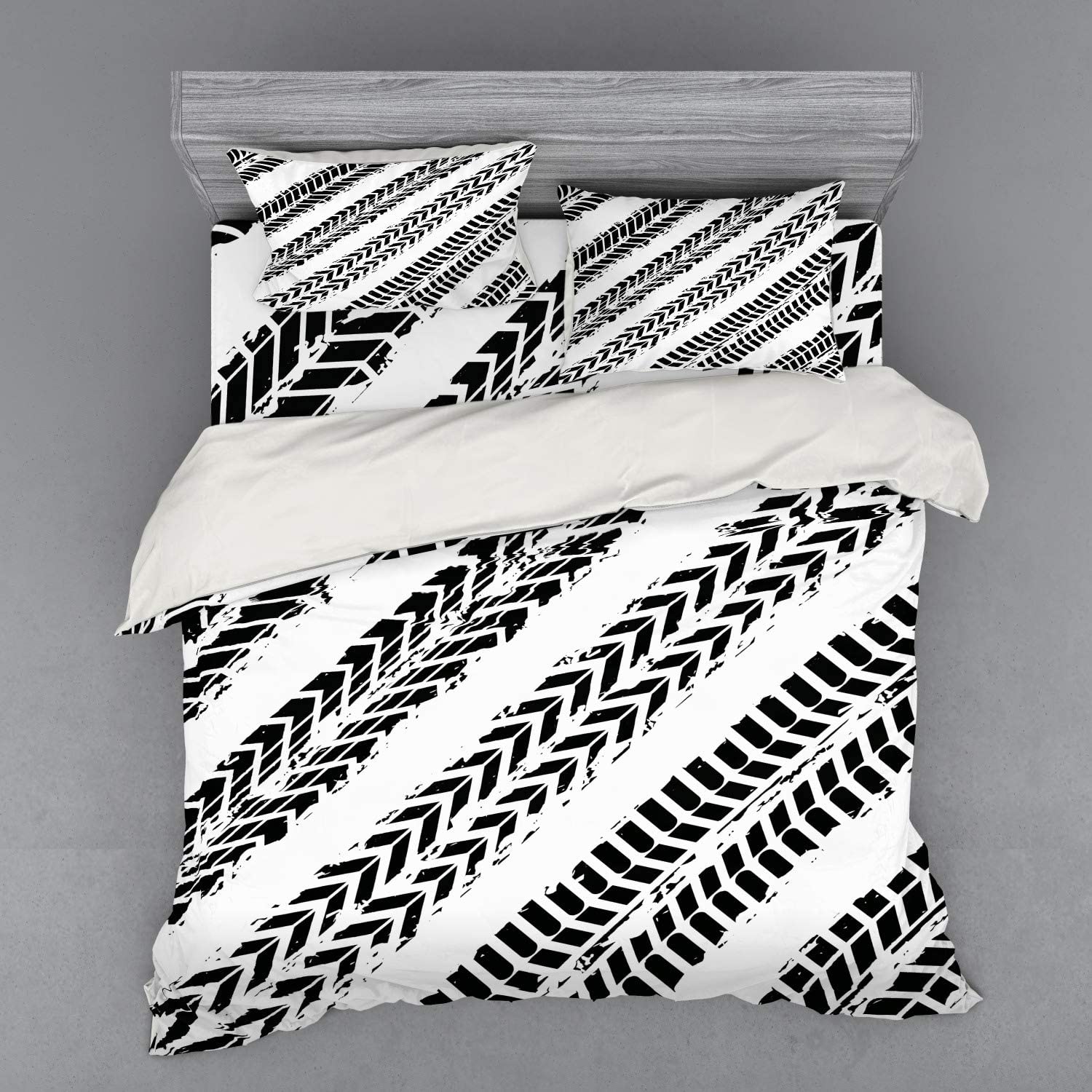 Price:$149.99 Dirt Bike Bedding Set, Tire Marks in Monochrome Patterns Motocross Dirt Bike Racing Illustration, 4 Piece Duvet Cover Set with Shams and Fitted Sheet, King Size, White Black : Home & Kitchen